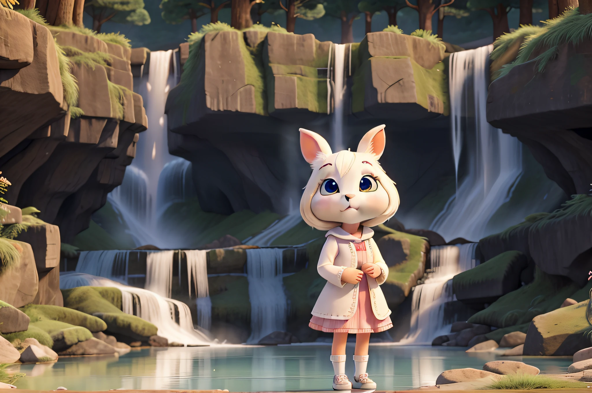 a beautiful girl, a  white rabbit, looking at a big waterfall