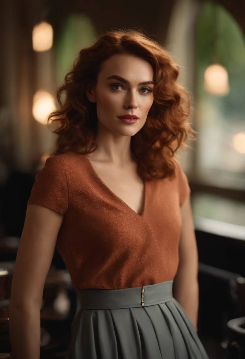 a girl who is the mix between Keira Knightley, Scarlett Johansson, Emma Stone et Kate Winslet. with curly red hair, en short, seductive smile, Coral lipstick,  tient un livre dans sa main droite, modelshoot , photoreallistic, (Bokeh), (Best quality) , (detailed skin texture:1.1), (complexe), 8k Disque durR, lighting cinematic, mise au point nette, ..RAW, style analogique, 8k, Disque dur, DSLR, High quality, Fujifilm XT3, grain du film, award winning