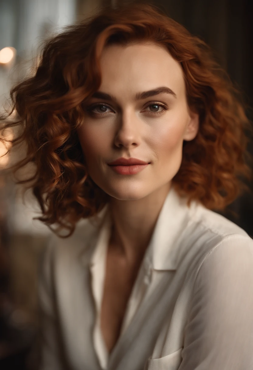 a girl who is the mix between Keira Knightley, Scarlett Johansson, Emma Stone et Kate Winslet. with curly red hair, en short, seductive smile, Coral lipstick, tient un livre dans sa main droite, modelshoot , photoreallistic, (Bokeh), (Best quality) , (detailed skin texture:1.1), (complexe), 8k Disque durR, lighting cinematic, mise au point nette, ..RAW, style analogique, 8k, Disque dur, DSLR, High quality, Fujifilm XT3, grain du film, award winning