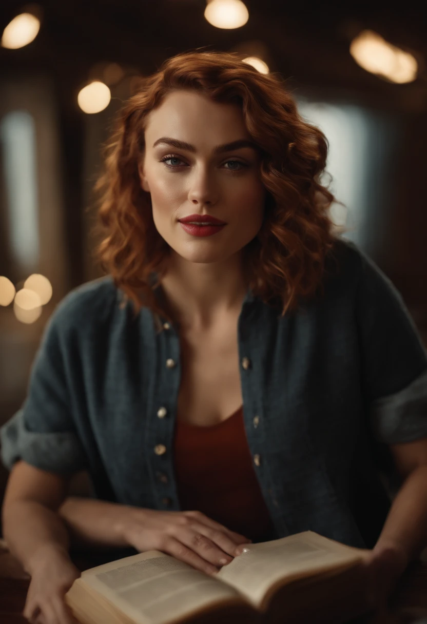 a girl who is the mix between Keira Knightley, Scarlett Johansson, Emma Stone et Kate Winslet. with curly red hair, en short, seductive smile, Coral lipstick,  tient un livre dans sa main droite, modelshoot , photoreallistic, (Bokeh), (Best quality) , (detailed skin texture:1.1), (complexe), 8k Disque durR, lighting cinematic, mise au point nette, ..RAW, style analogique, 8k, Disque dur, DSLR, High quality, Fujifilm XT3, grain du film, award winning