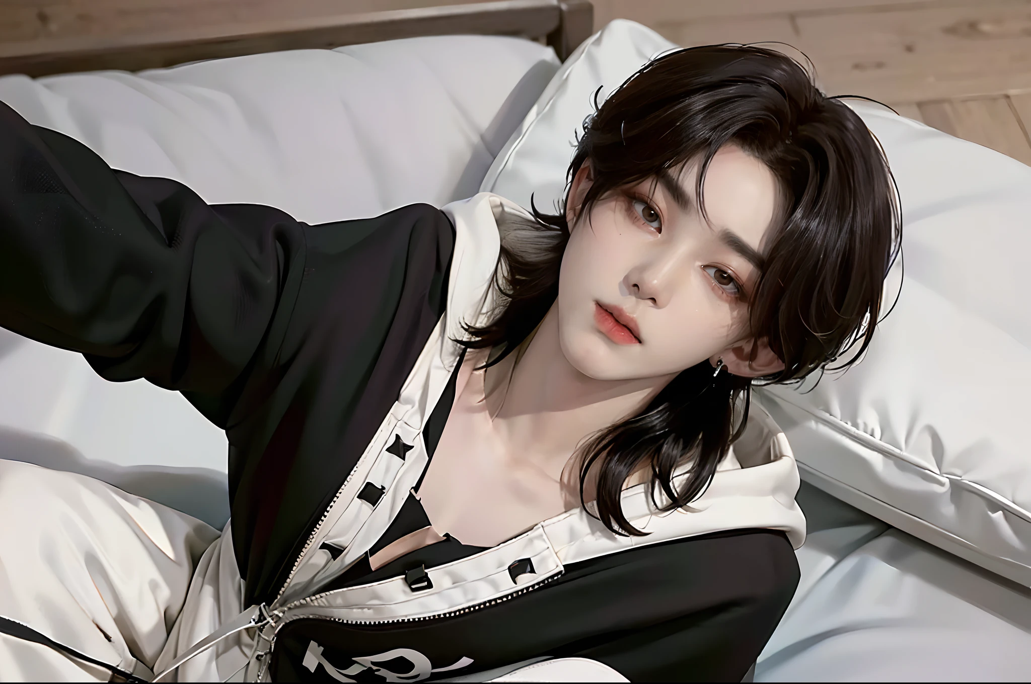 ((4K works))、​masterpiece、（top-quality)、((high-level image quality))、((One Manly Boy))、Slim body、((Stylish black hoodie and long white pants))、(Detailed beautiful eyes)、Stylish bedroom、Taking a selfie on a futon、Face similar to Chaewon in Ruseraphim、((short hair above the ears))、((Smaller face))、((Neutral face))、((Light brown eyes))、((Korean boy))、((18year old))、((Handsome man))、((Wild look))、((Korean Makeup))、((elongated and sharp eyes))、((Lying on the futon))、((selfie from above))、((Upper body photography))