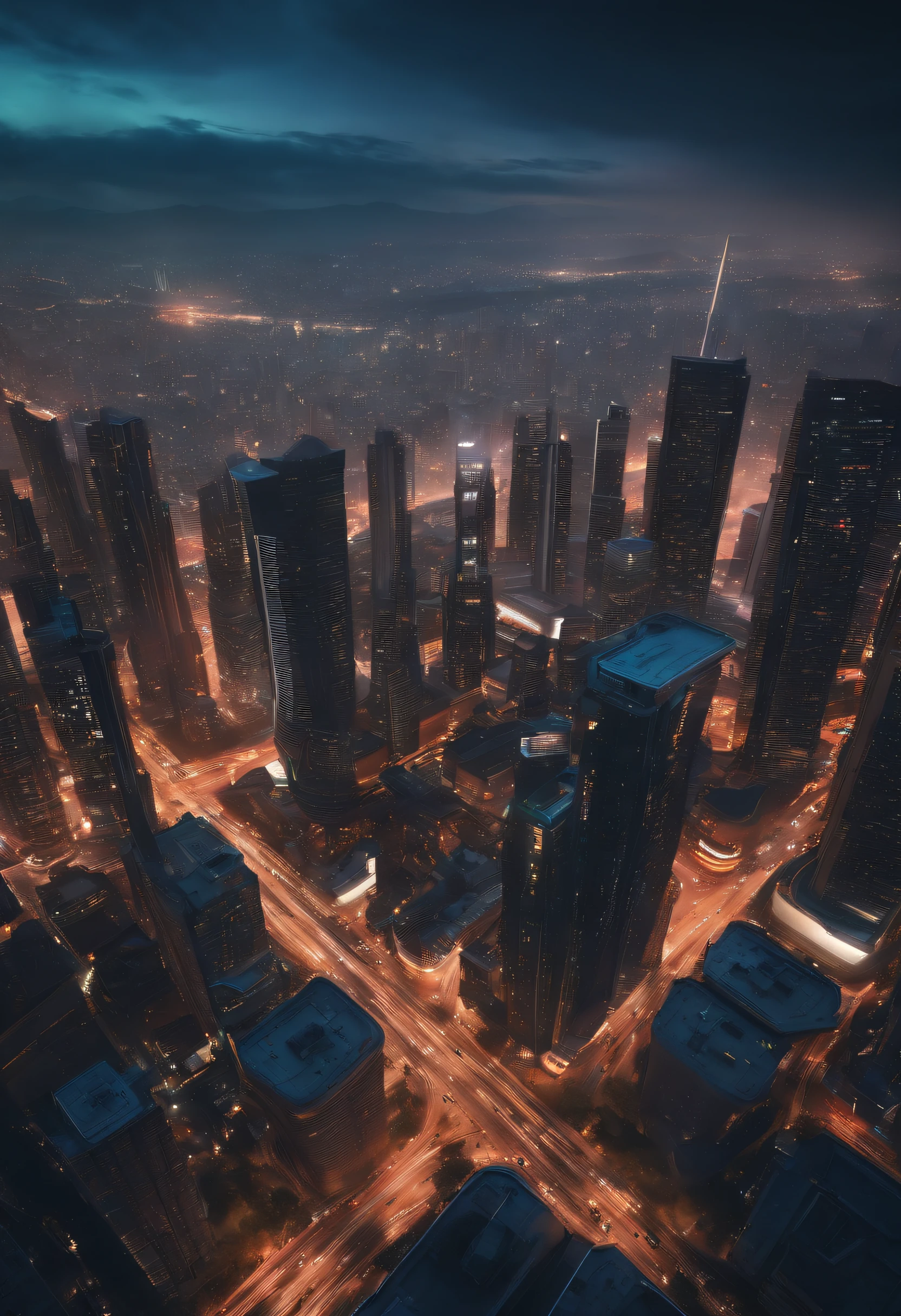A super technological city with tall buildings, estilo cyberpunk, flying cars in the sky in the background, noite, View from above, ultra realista, cores avermelhadas