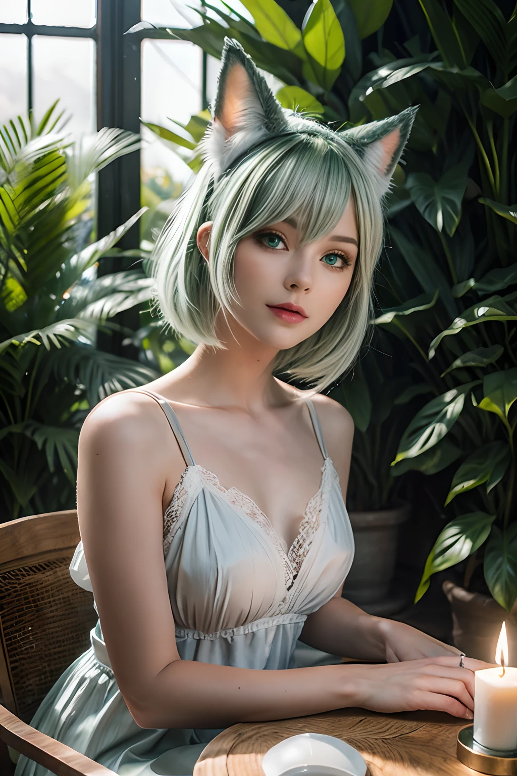 masterpiece, best quality,ultra-detailed,hyper details, cinematic light,, 1girl, solo, sit, outdoor, summerhouse, sitting in the summerhouse,  plants, table, chandelier, candle, wind, green eyes, pan-green silver hair, short hair, animal_ears, animal_ear_fluff, floating hair, light, light frown, profile,looking at viewer, dynamic_angle