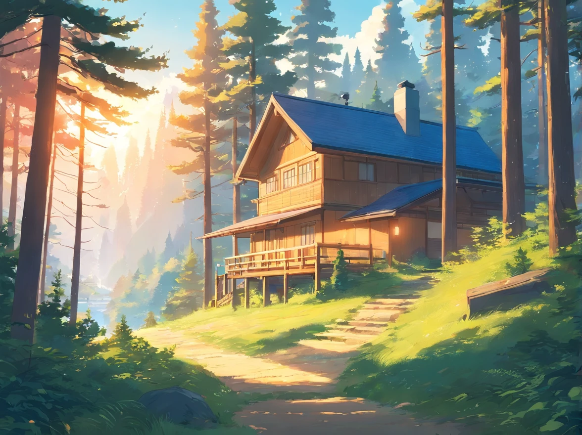 Houses, camp, Coniferous trees, Path, sun, Anime style