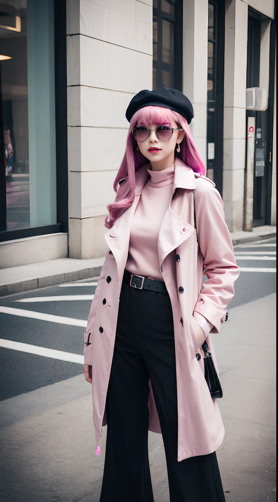 4K, Realistic, high detal, Super eye details, fashionable attire, Pink trench coat, French berets, Black belt pants, Long hair, In the city, Pink hair, Purple eyes, Yae Miko, Wear stylish sunglasses,