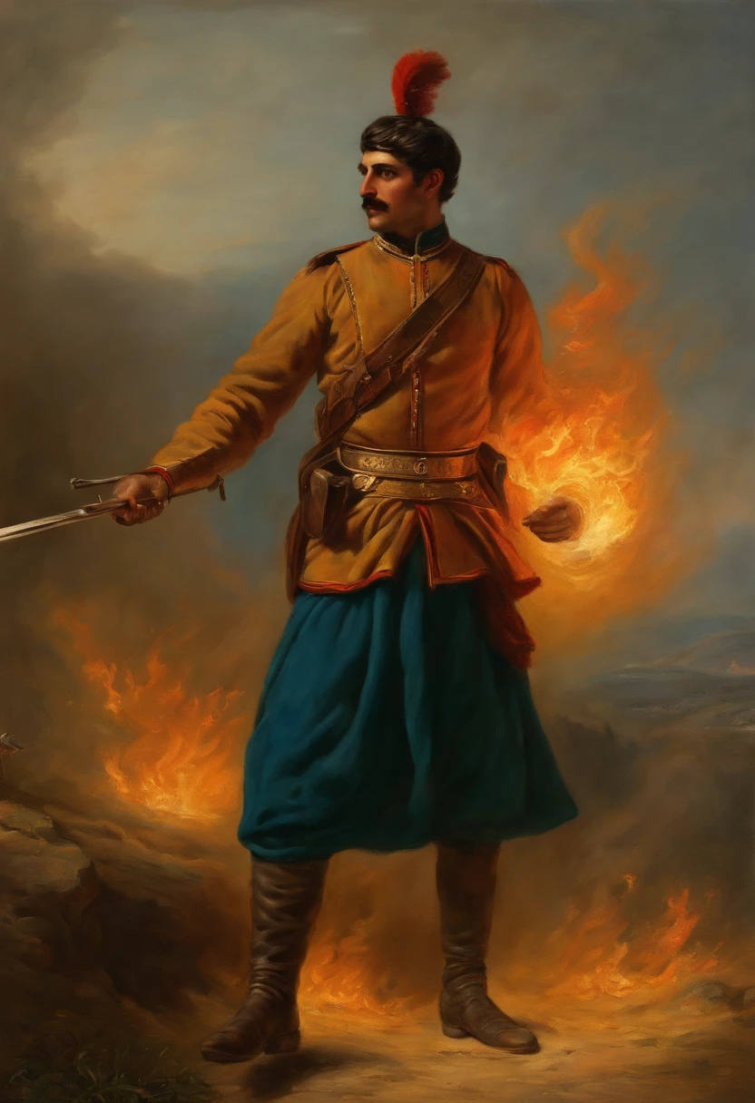 Greek soldier nineteenth century throws flames