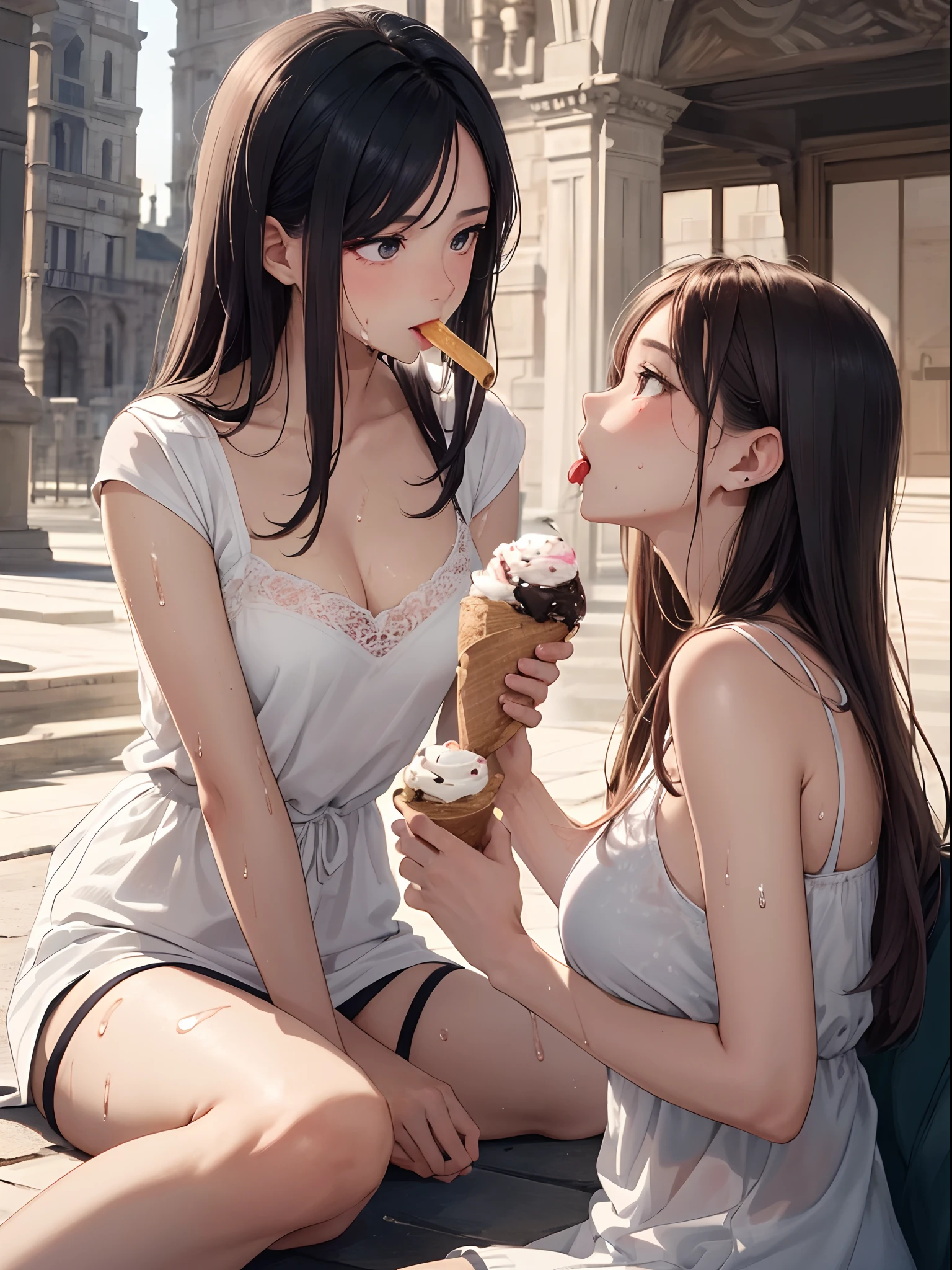 (2girls),((Yuri))),((Eye contact))),(Looking at each other),Eating ice cream,Sticking out your tongue,Sitting,(Best Quality), ((Masterpiece)), (Hi-Res), Castle,Perfect mature female body, Slim thin body,Original, Medium breasts,Highly detailed 8K wallpaper, sweat,Wet hair,(Very delicate and beautiful),Contour deepening, Photorealistic, precise geometry, intricate details, eating one ice cream