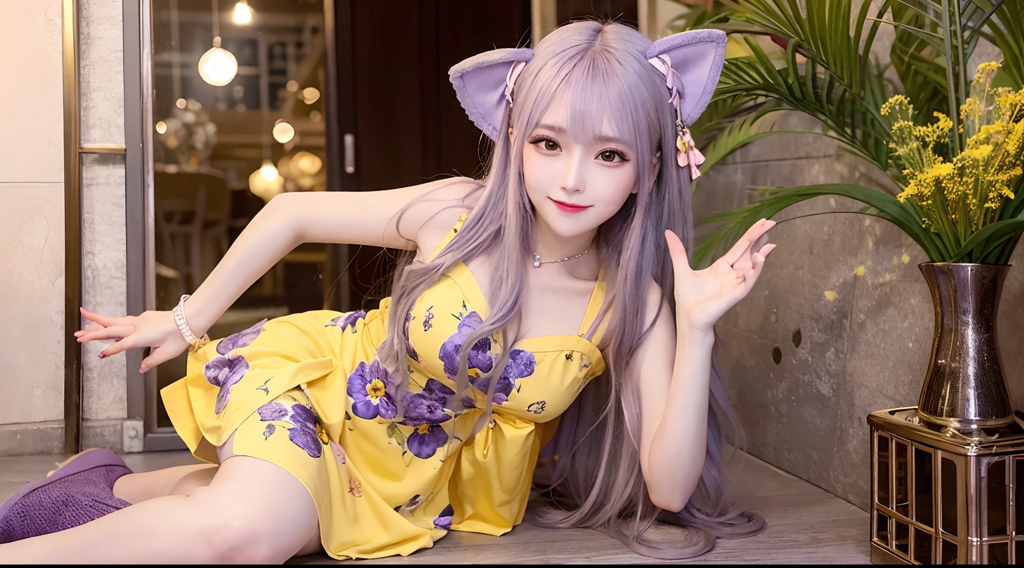 (high quality, one high resolution), lavender hair, cat ears, pink beret, outstretched hands, sparkling eyes, full lips, charming smile, yellow floral cheongsam, detailed legs, shiny shoes, cute and cute art style, harbor background, soft colors, warm and cozy lighting.