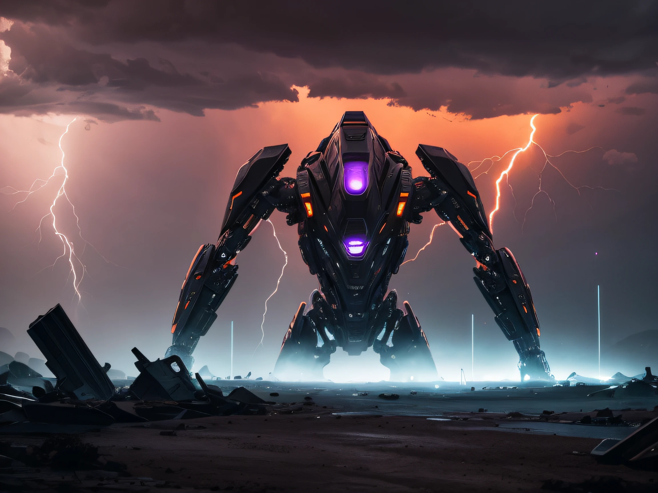"Humanoid cybernetic structure created for combat on an alien planet":
Meio: Fotografia manipulada
Estilo: Dystopian
Artist: Desconhecido
Sites de arte: Pixabay
Resolution: 8K
Detalhes adicionais: destrução, menacing alien sky
Colour: Vermelho sangue, shades of orange and violet
Lighting: Dramatic storm lighting