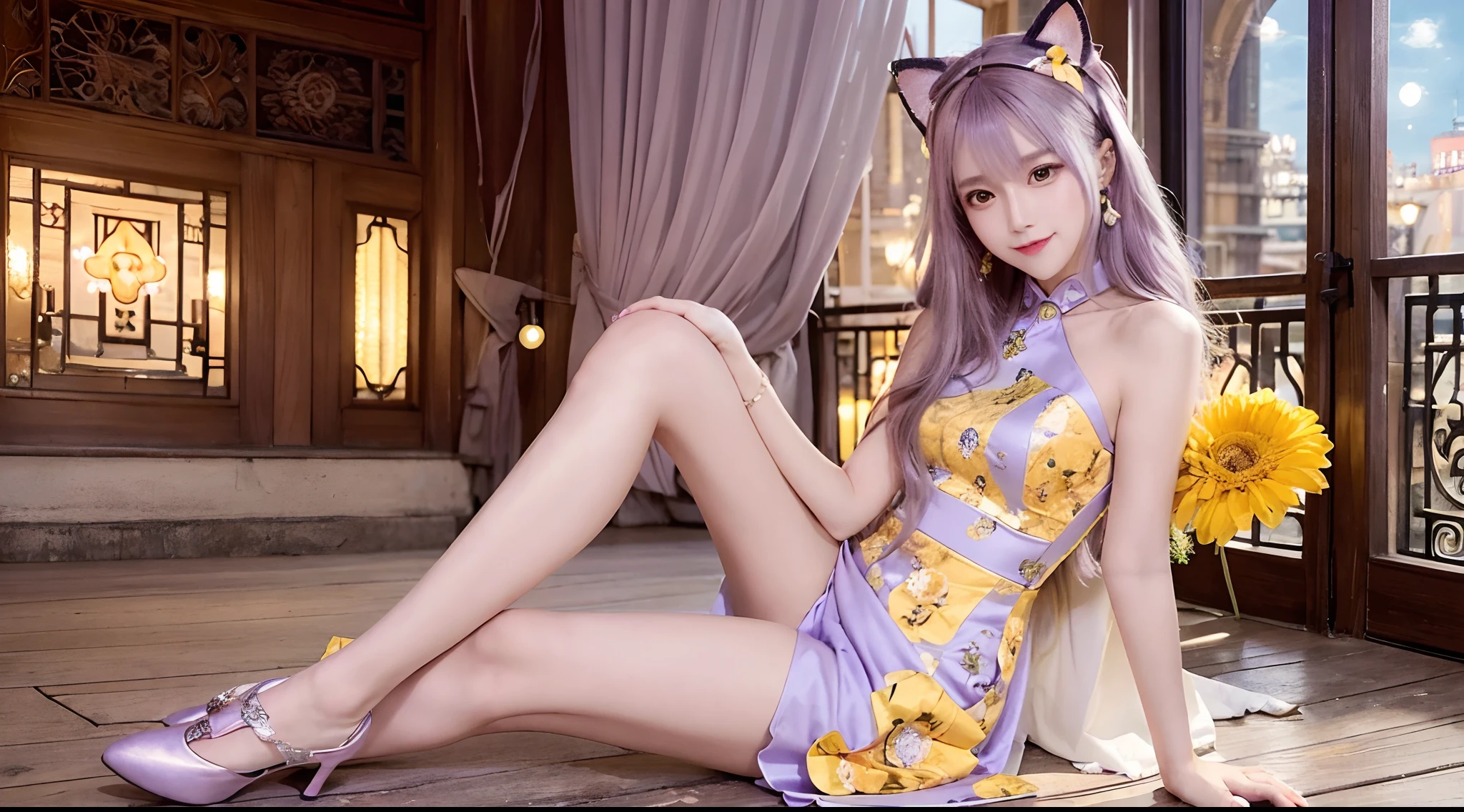 (high quality, one high resolution), lavender hair, cat ears, pink beret, outstretched hands, sparkling eyes, full lips, charming smile, yellow floral cheongsam, detailed legs, shiny shoes, cute and cute art style, harbor background, soft colors, warm and cozy lighting.