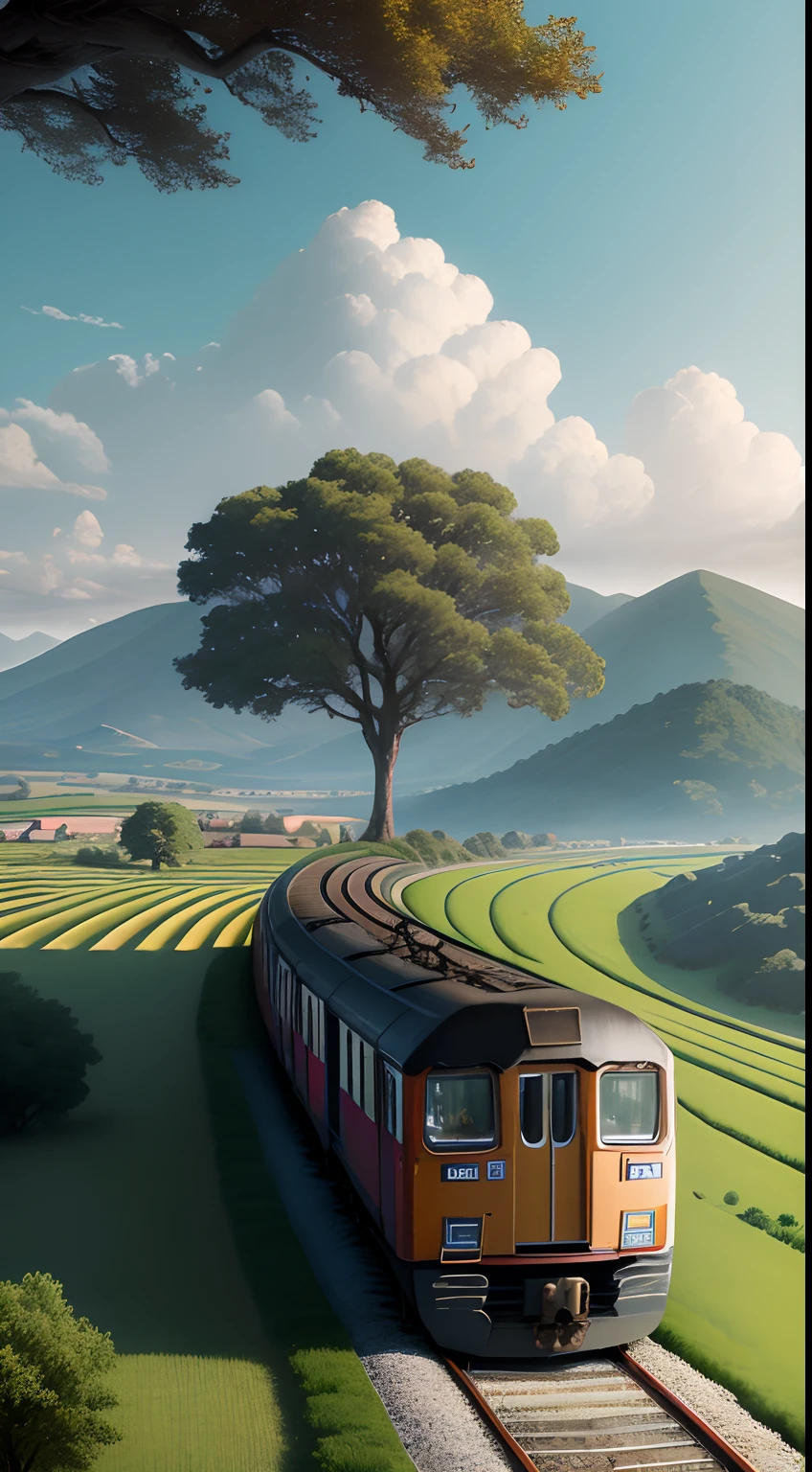 There is a train that goes on the tracks in the countryside, Paisaje rural del anime, (ancestral tree:1.3), scenery art detailed, hermosas nubes hinchadas, nubes blancas, nubes guatonas, Paisaje detallado, Arte digital 4K altamente detallado, amazing wallpaper, scenic background, dreamy landscape
