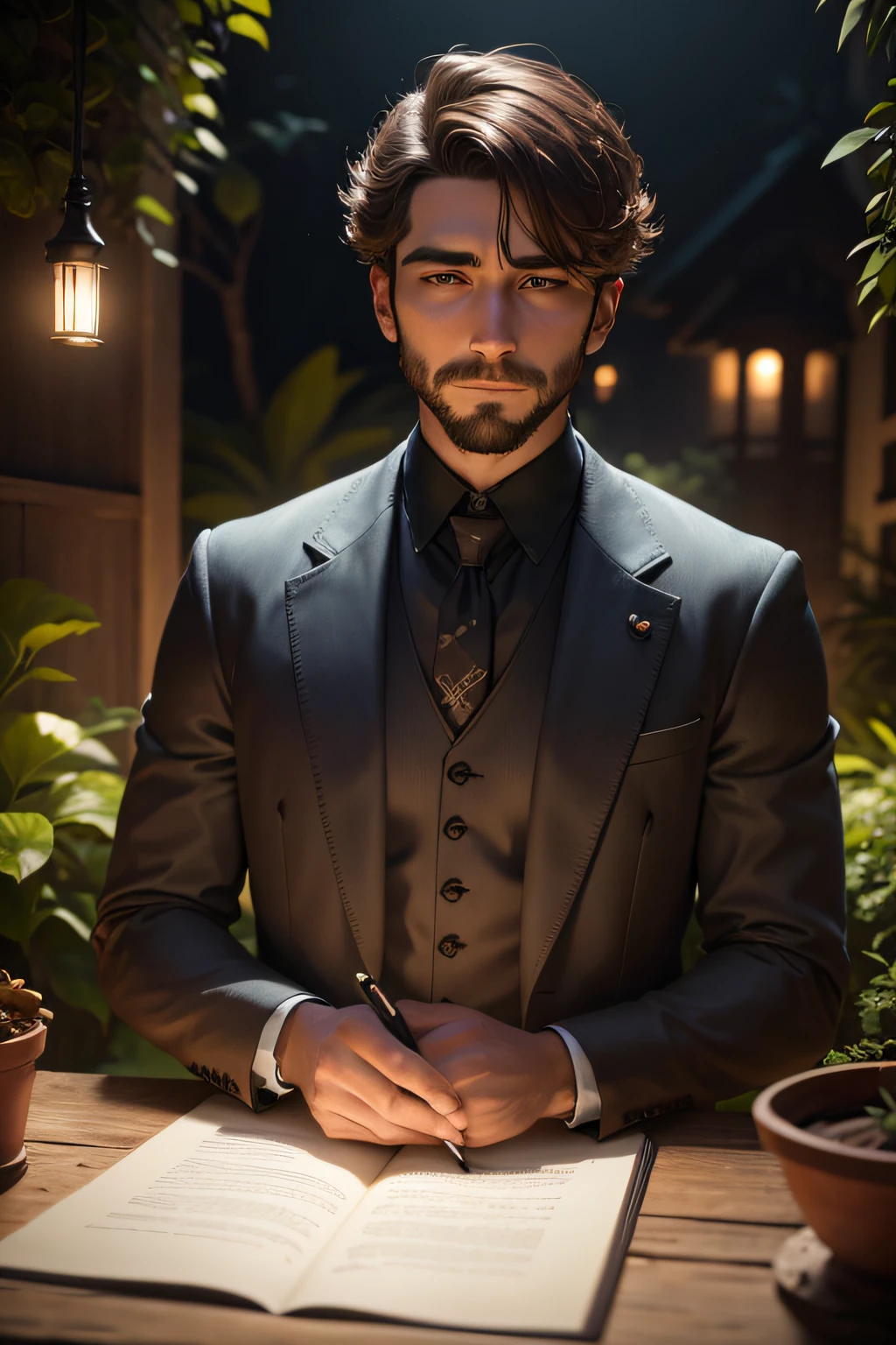 um homem sentado em um jardim, colete com avental, altamente detalhado, Zwxthejx , Anos 1900, desenho animado, gorgeous lighting, iluminado