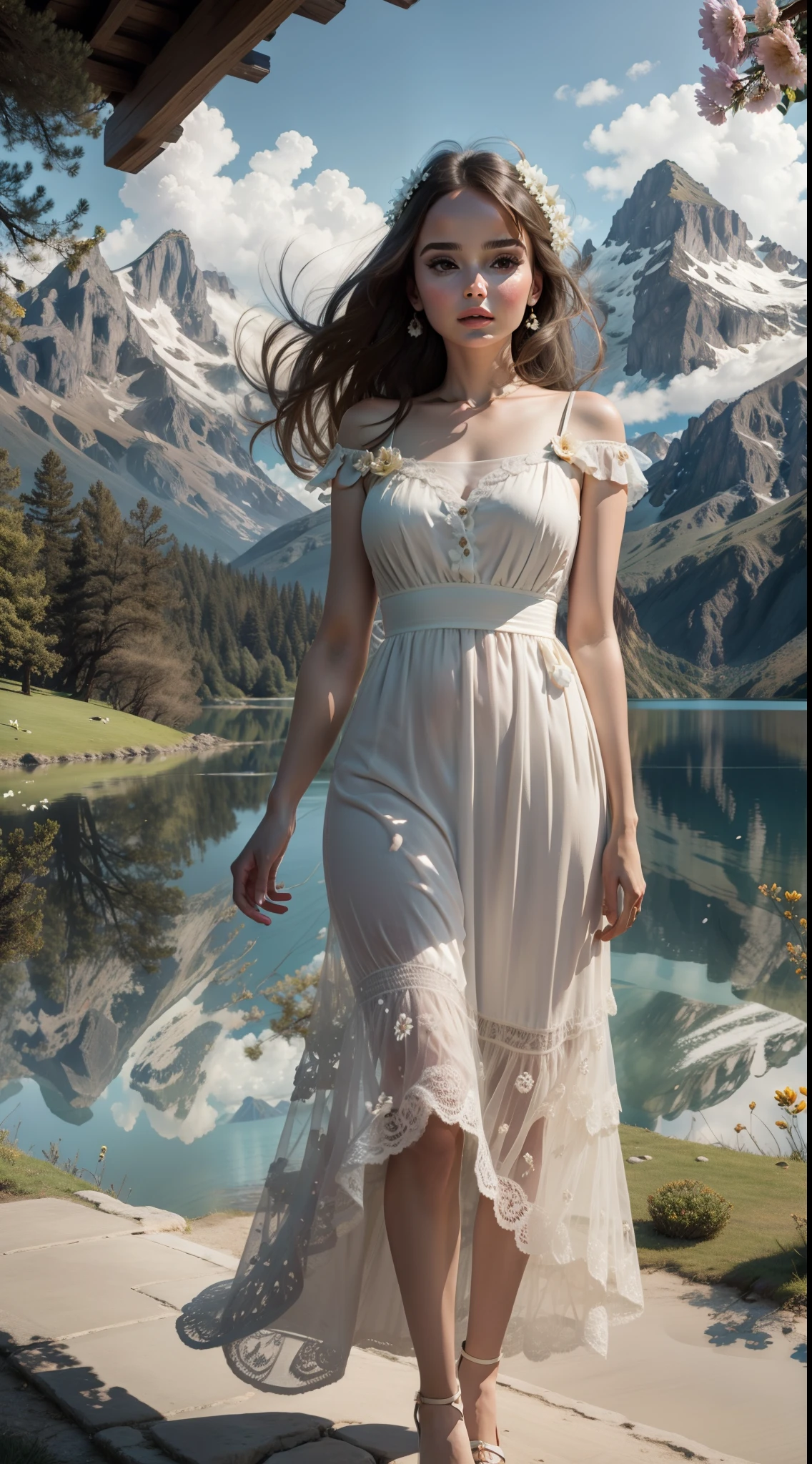 (Ana de armas:Natalie Portman:0.7),in cotagecore dress, flower on her hair, mountain, lake, trees, sky, falling petals,
