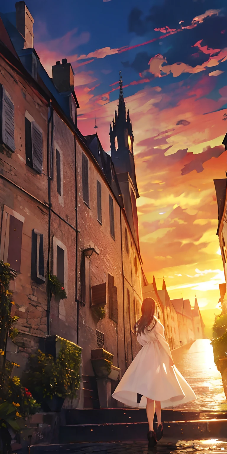 1 persons、Distant girl in tight white dress walks in medieval Place de France、The scenery is emphasized、The sunset is beautiful、