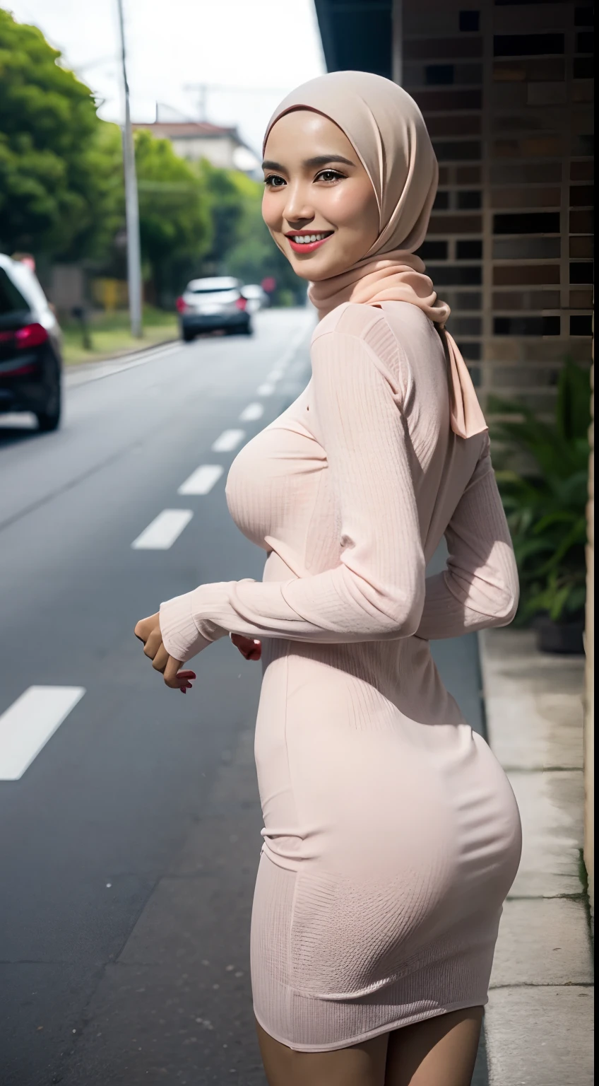 1 malay woman in hijab,((Tight knitted dresses)),(Small buttocks),Emphasize ass,Smaller chest,Clothes are sheer,Smiling smile, (hijab flying), de pele branca,big breasts thin waist,Japanese-style street, Hyper-Realism, Cinematic lighting, depth of fields, From below, vanishing point, F/2.8,  Anatomically correct, Textured skin, Super Detail, awardwinning, Best Quality, hight resolution,