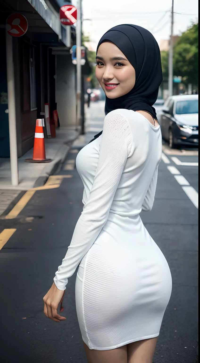 1 malay woman in hijab,((Tight knitted dresses)),(Small buttocks),Emphasize ass,Smaller chest,Clothes are sheer,Smiling smile, (hijab flying), de pele branca,big breasts thin waist,Japanese-style street, Hyper-Realism, Cinematic lighting, depth of fields, From below, vanishing point, F/2.8, Anatomically correct, Textured skin, Super Detail, awardwinning, Best Quality, hight resolution,