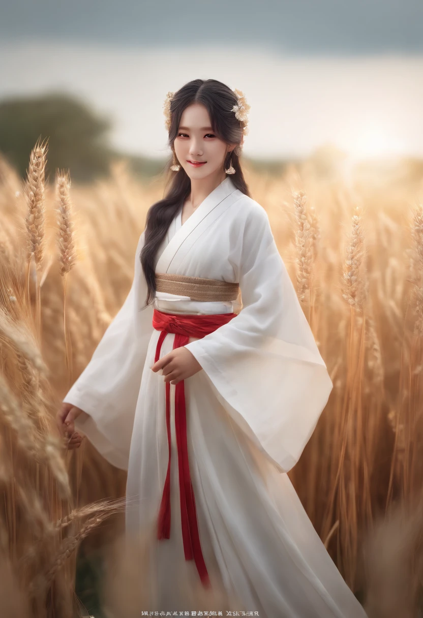 Masterpiece, Best Quality, ultra highres, Detailed Illustration, Portrait, Detailed, a 1girl, standing in a wheat field, 独奏, Long hair, Dress, flower, White Hanfu, Smile, full - body, white flower, bare shoulders, extra very long hair, aqua hair, closed mouth, facing viewer, Bangs,