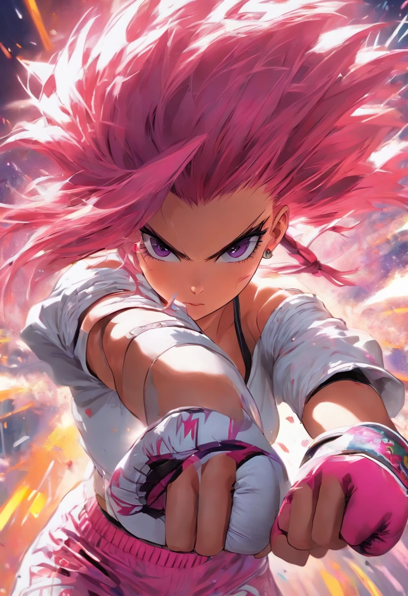 **an athletic girl, flat chest, pink hair, short messy hair, purple eyes, wearing a white MMA outfit and an off-shoulder jacket, shoulders exposed, punk, tough and aggressive, boxing wraps around hands, --niji --ar 2:3** - Image #3