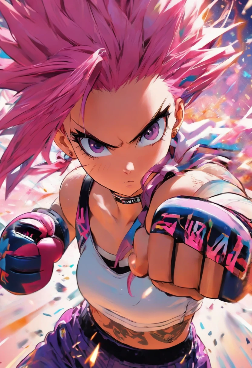 **an athletic girl, flat chest, pink hair, short messy hair, purple eyes, wearing a white MMA outfit and an off-shoulder jacket, shoulders exposed, punk, tough and aggressive, boxing wraps around hands, --niji --ar 2:3** - Image #3