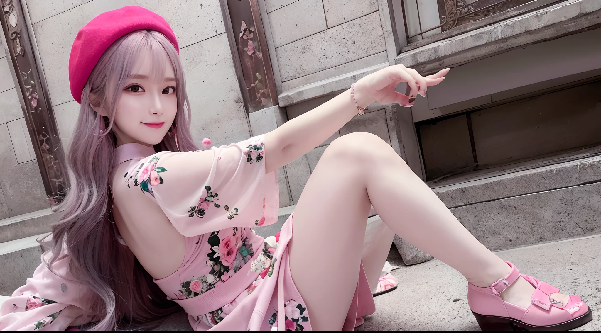 (best quality,highres),lavender hair,pink beret,reaching out hands,red sunglasses,sparkling eyes,plump lips,charming smile,pink floral cheongsam,detailed legs,shiny shoes,cute and adorable art style,portrait background,soft colors,warm and cozy lighting