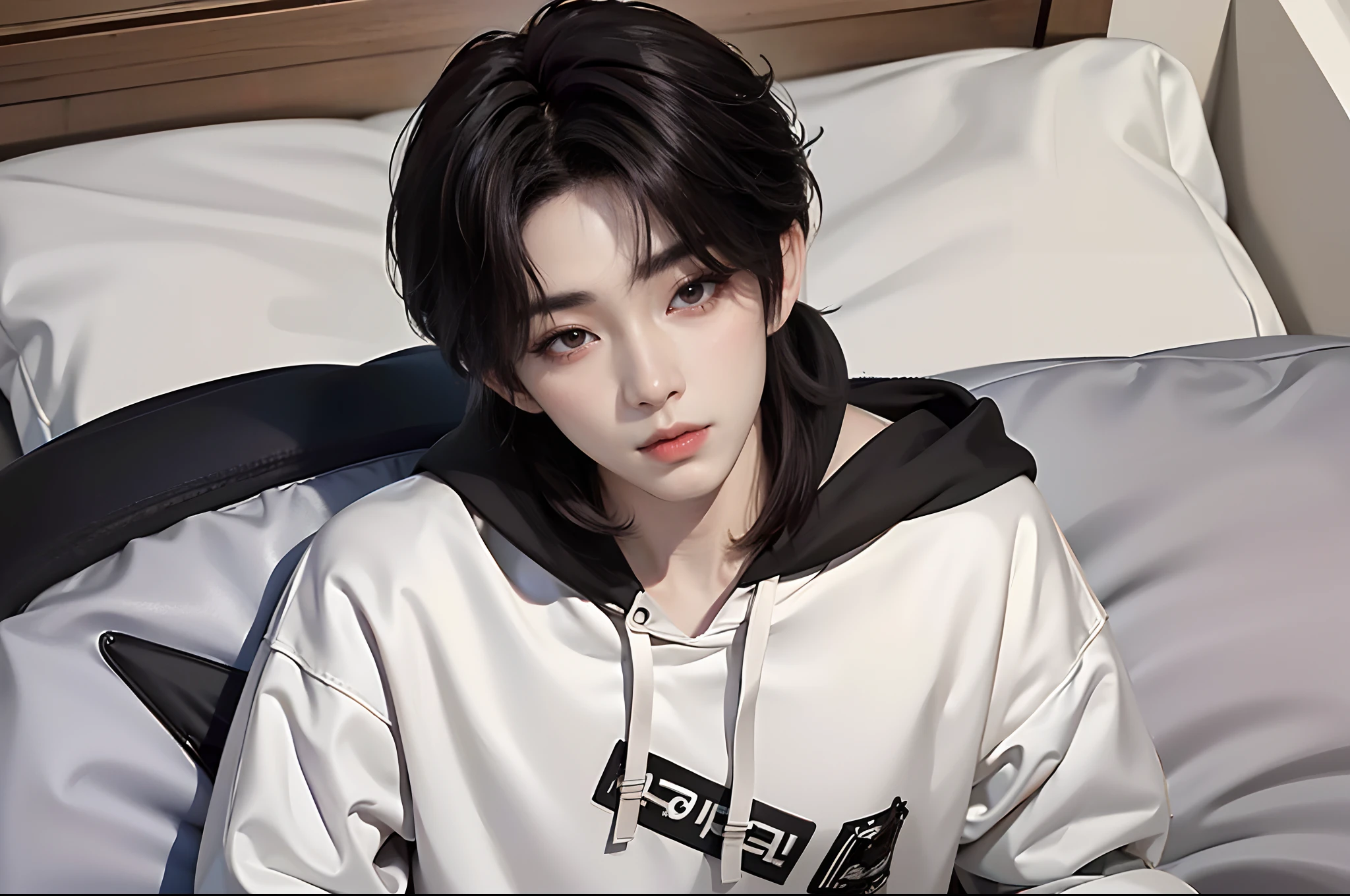 ((4K works))、masterpiece、(top-quality)、((high-level image quality))、((One Manly Boy))、Slim body、((Stylish black hoodie and long white pants))、(Detailed beautiful eyes)、Stylish bedroom、Take a selfie with a futon、Face similar to Chaewon in Ruseraphim、((short hair above the ears))、((Smaller face))、((Neutral face))、((Light brown eyes))、((Korean boy))、((18year old))、((Handsome man))、((Wild look))、((Korean Makeup))、((elongated and sharp eyes))、((Lying on the futon))、((selfie from above))、((Upper body photography))、(((selfee)))