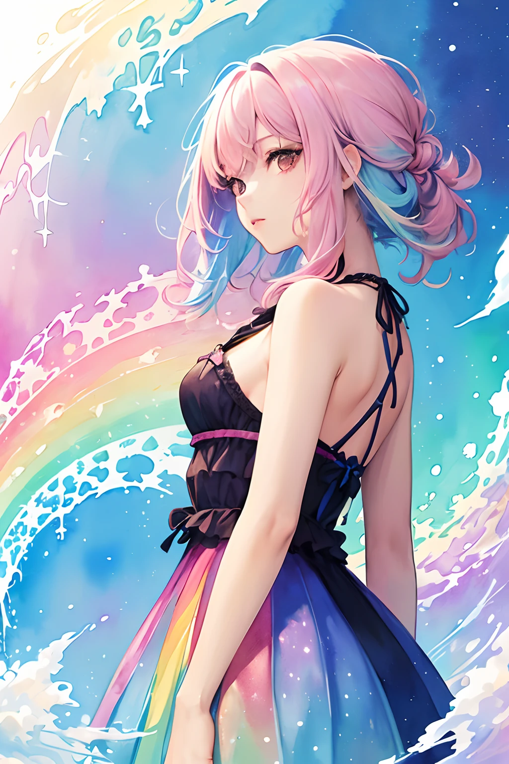 (masterpiece, top quality, best quality,watercolor (medium),official art, beautiful and aesthetic:1.2),(1girl:1.3), (fractal art:1.3),upper body, from side, looking at viewer,patterns,(rainbow color Hair,colorful hair,half blue and half pink hair:1.2),water,liquid, cloud,colorful, starry,stars,