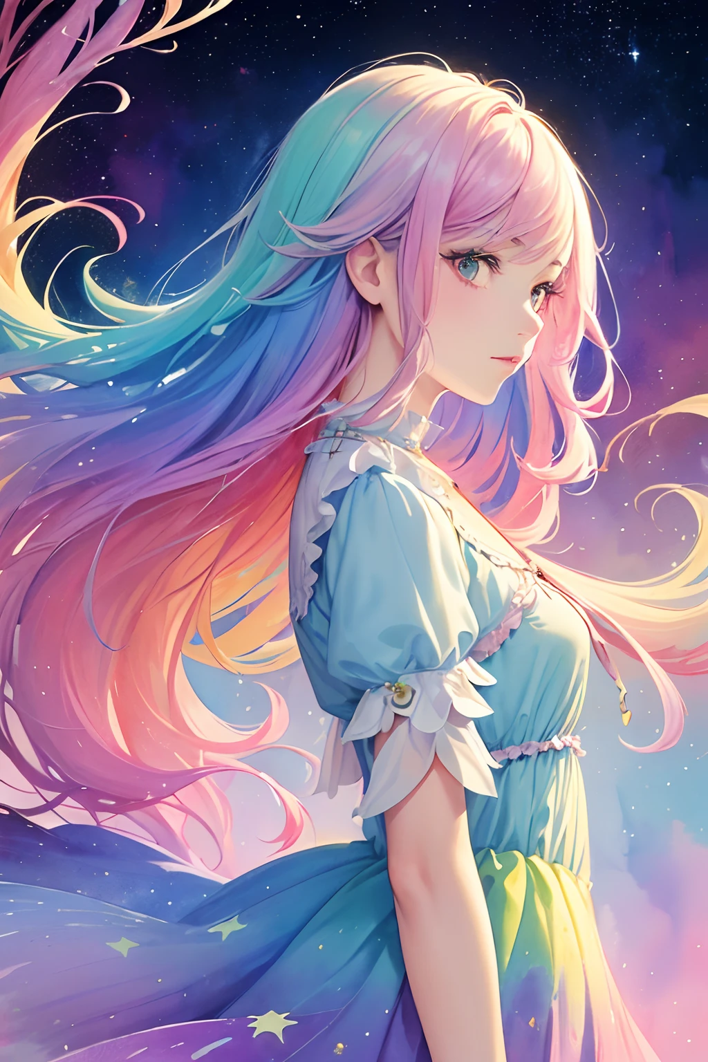 (masterpiece, top quality, best quality,watercolor (medium),official art, beautiful and aesthetic:1.2),(1girl:1.3), (fractal art:1.3),upper body, from side, looking at viewer,patterns,(rainbow color Hair,colorful hair,half blue and half pink hair:1.2),water,liquid, cloud,colorful, starry,stars,