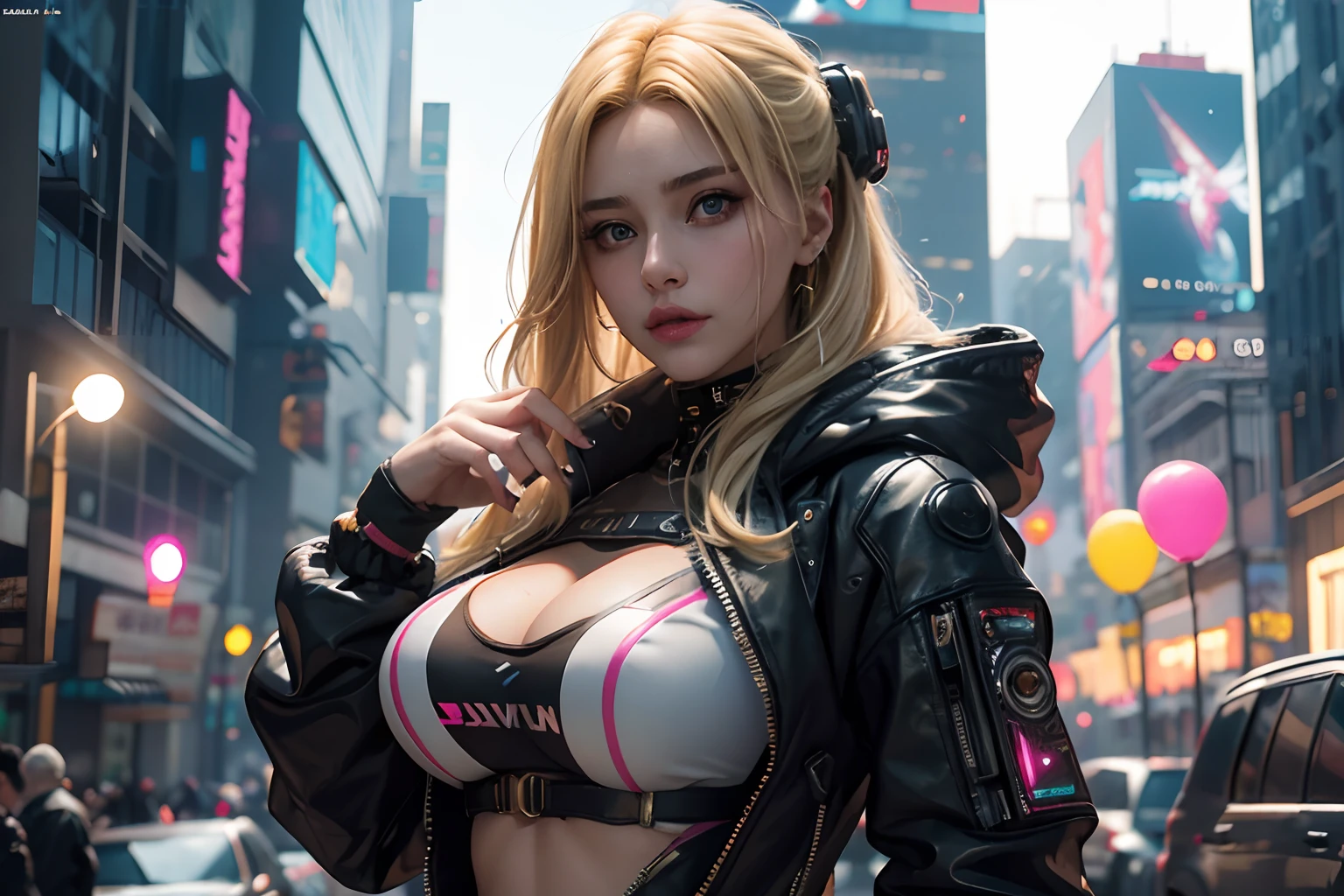 there is a blonde woman in a cosplay outfit posing for a picture in her birthday party, lot of ballons and stars and a big birthday cake with candles, dreamy cyberpunk girl, cyberpunk 2 0 y. o model girl, cyberpunk beautiful girl, female cyberpunk anime girl, cyberpunk girl, in cyberpunk city, cute cyborg girl, cyberpunk anime girl, beautiful cyberpunk woman model, hyper-realistic cyberpunk style, cyberpunk art ultrarealistic 8k, cyberpunk angry gorgeous goddess