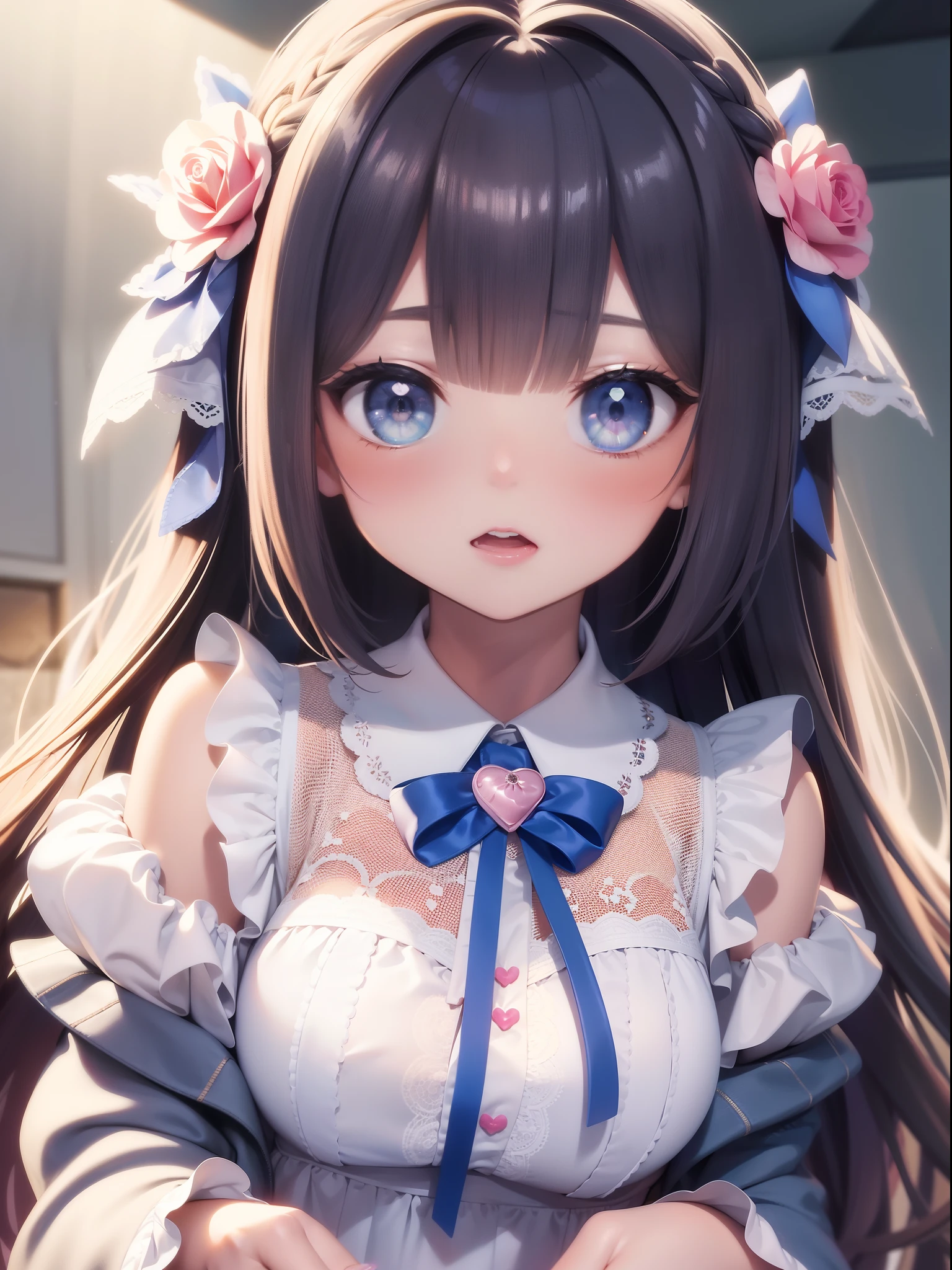 masterpiece, best quality, ultra-detailed, illustration, 1girl, solo, close-up, ((surprised)), blue_eyes, open_mouth, blush, eyebrows_visible_through_hair, long_hair, hair_ribbon, ribbon, frills, lace, white_dress, cute, soft_shading, watercolor, pastel_colors, flower, petals, bokeh, (big sized heart shaped accessory on hair:1.3)