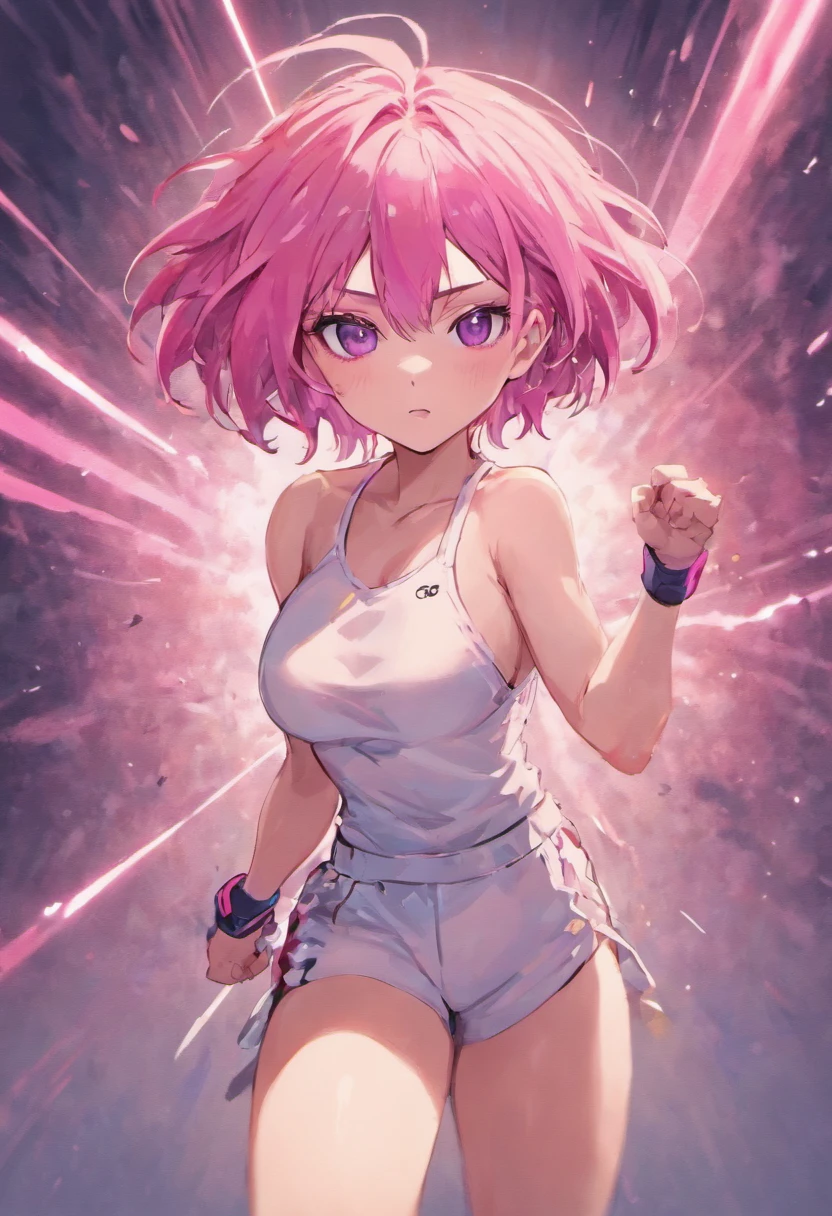 **an athletic girl, flat chest, pink hair, short messy hair, purple eyes, wearing a white MMA outfit and an off-shoulder jacket, shoulders exposed, punk, tough and aggressive, boxing wraps around hands