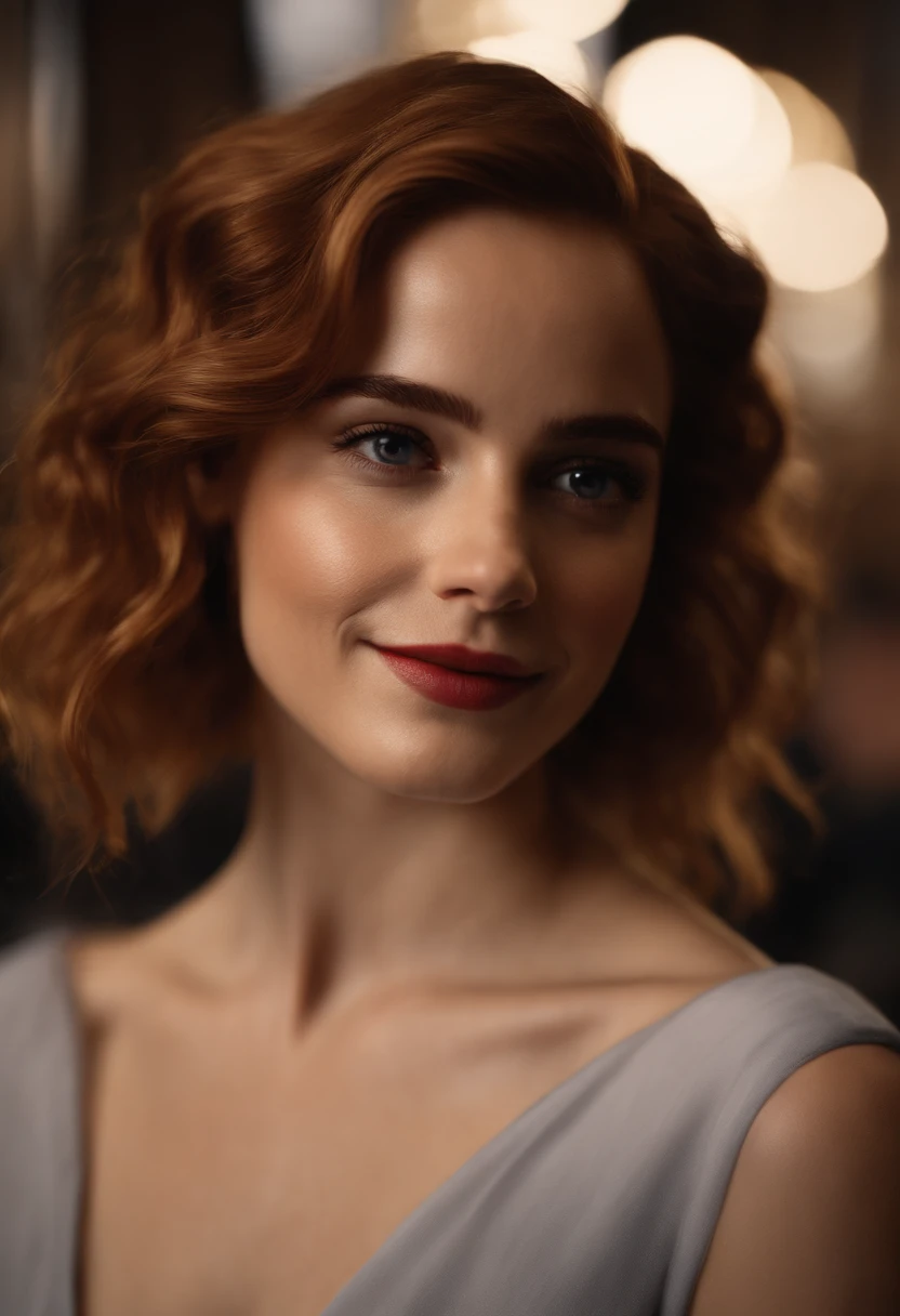 a girl who is the mix between Emma Watson, Jennifer Lawrence, Emma Stone, with curly red hair, seductive smile, Coral lipstick, tient un livre dans sa main, photoreallistic, (Bokeh), (Best quality) , (detailed skin texture:1.1), (complexe), (Detailed facial texture:1.1) 8k Disque durR, lighting cinematic, mise au point nette, ..RAW, style analogique, 8k, Disque dur, DSLR, High quality, Fujifilm XT3, grain du film, award winning