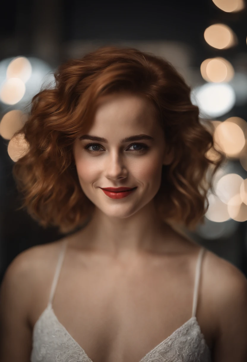 a girl who is the mix between Emma Watson, Jennifer Lawrence, Emma Stone, with curly red hair, seductive smile, Coral lipstick, tient un livre dans sa main, photoreallistic, (Bokeh), (Best quality) , (detailed skin texture:1.1), (complexe), (Detailed facial texture:1.1) 8k Disque durR, lighting cinematic, mise au point nette, ..RAW, style analogique, 8k, Disque dur, DSLR, High quality, Fujifilm XT3, grain du film, award winning