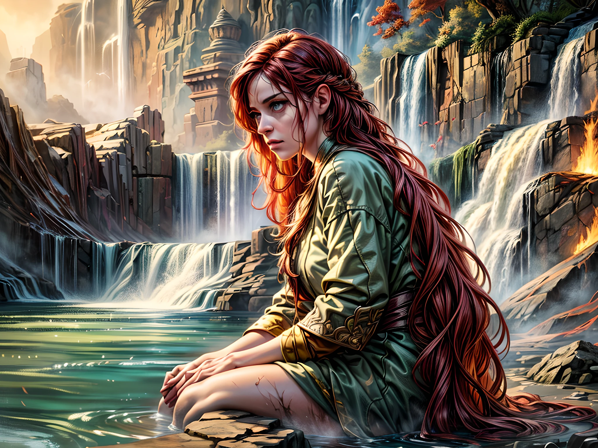 fantasy art, photorealistic, D&D art, a picture of a female monk sitting and meditating near a waterfall, at the base of the waterfall,  there is a human woman monk wearing monk garbs, meditating near a bonfire near an (epic sized waterfall: 1.3), red hair, long hair, full body (best details, Masterpiece, best quality :1.5), ultra detailed face (best details, Masterpiece, best quality :1.5), ultra feminine (best details, Masterpiece, best quality :1.5), exquisite beautiful (best details, Masterpiece, best quality :1.5) red hair, long hair, wavy hair, pale skin, blue eyes, intense eyes, water coming down from a volcanic cliff, multi level water falls, several pools created in different levels, forming new waterfalls, water cascading into a (large lava pool: 1.3) steam rising, clear water in many hues of blue and azure falling, ultra best realistic, best details, best quality, 16k, [ultra detailed], masterpiece, best quality, (extremely detailed), ultra wide shot, photorealism, depth of field, hyper realistic painting, magv1ll