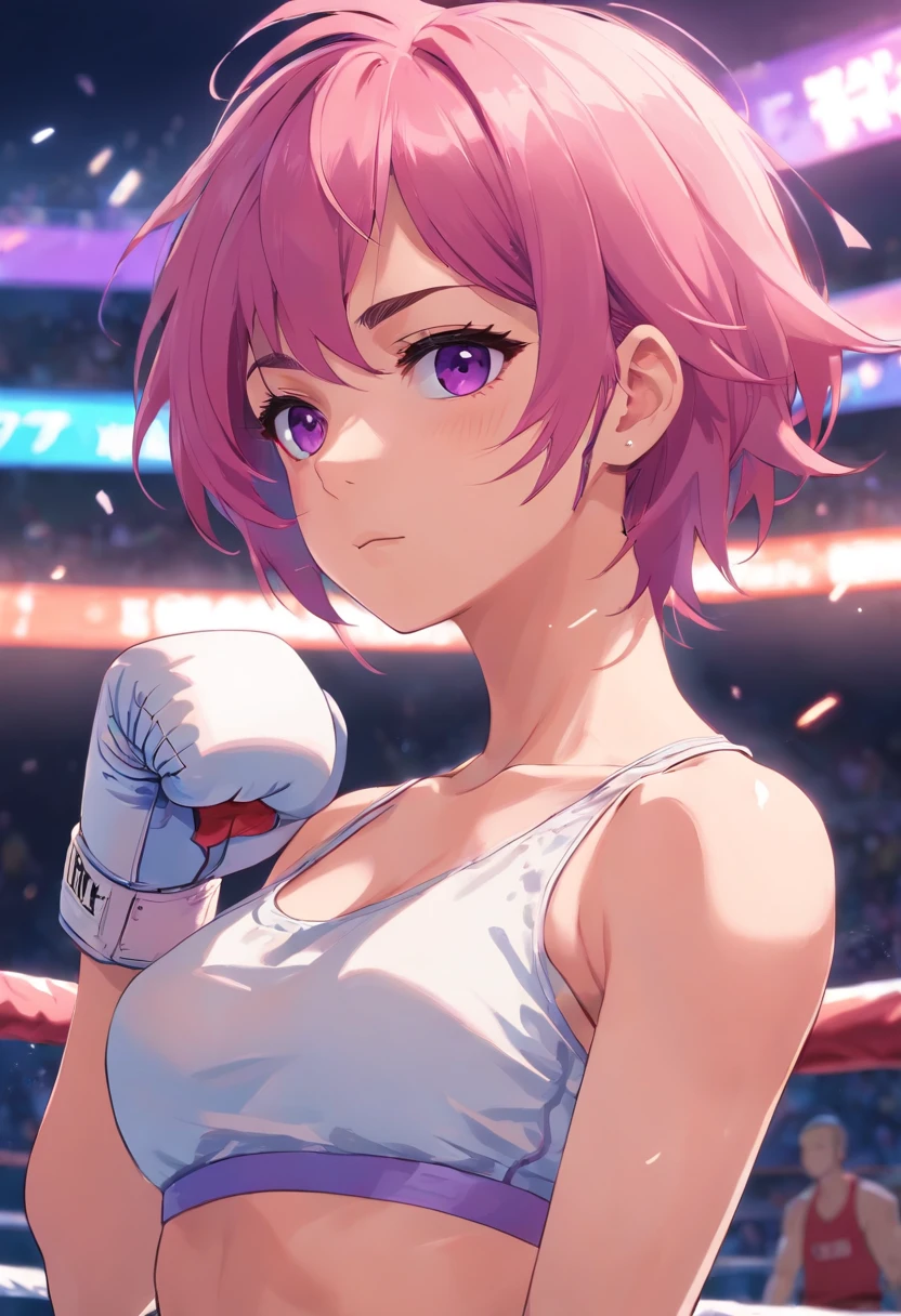 **an athletic girl, flat chest, pink hair, short messy hair, purple eyes, wearing a white MMA outfit and an off-shoulder jacket, shoulders exposed, punk, tough and aggressive, boxing wraps around hands