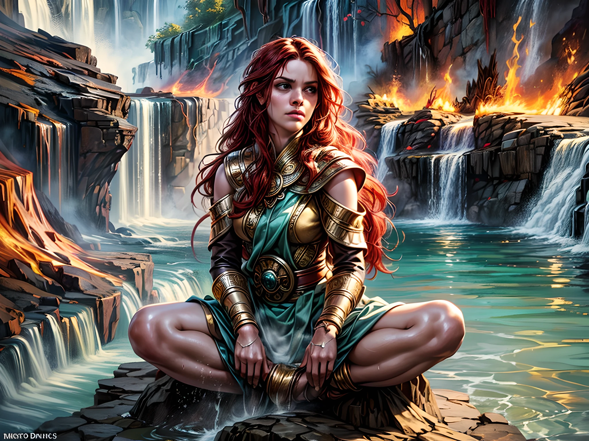 fantasy art, photorealistic, D&D art, a picture of a female monk sitting and meditating near a waterfall, at the base of the waterfall,  there is a human woman monk wearing monk garbs, meditating near a bonfire near an (epic sized waterfall: 1.3), red hair, long hair, full body (best details, Masterpiece, best quality :1.5), ultra detailed face (best details, Masterpiece, best quality :1.5), ultra feminine (best details, Masterpiece, best quality :1.5), exquisite beautiful (best details, Masterpiece, best quality :1.5) red hair, long hair, wavy hair, pale skin, blue eyes, intense eyes, water coming down from a volcanic cliff, multi level water falls, several pools created in different levels, forming new waterfalls, water cascading into a (large lava pool: 1.3) steam rising, clear water in many hues of blue and azure falling, ultra best realistic, best details, best quality, 16k, [ultra detailed], masterpiece, best quality, (extremely detailed), ultra wide shot, photorealism, depth of field, hyper realistic painting, magv1ll
