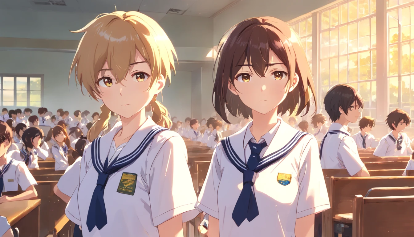 (There was a boy and a girl in a white school uniform, Masterpiece, Best quality:1.5), Super detail, Cinematic lighting, hdr, illustration,The love of youth on campus，In the classroom at sunset , Highly detailed, High contrast, Golden ratio composition, epic view, Masterpiece,style of anime，Cartoon