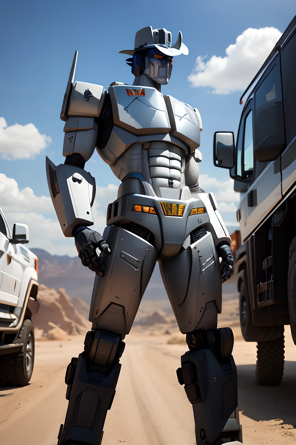 Sliver pick-up truck transformer,male robot, robotic cowboy hat, truck parts as armor, robotic handgun,