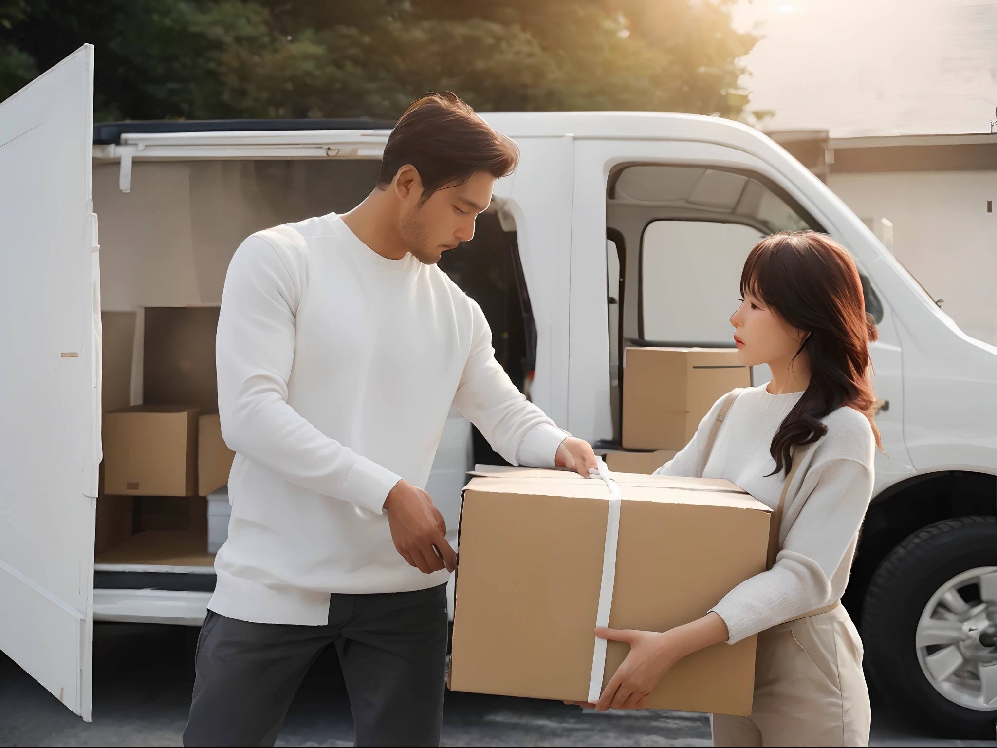 A handsome delivery boy is getting a white parcel with the black ribbon to the Japanese woman from the white truck in front of a white door outside a white background wall outdoor ,she is ready to get the parcel from the delivery boy ,they are holding the parcel together, clear pores ,realistic skin texture , white skin ,she wear a oversize white sweater , small breast , flat breast , early morning apartment outdoor , realistic photography , 8k , highly realistic, high quality, HD , realistic photo , professional photography . detailed,