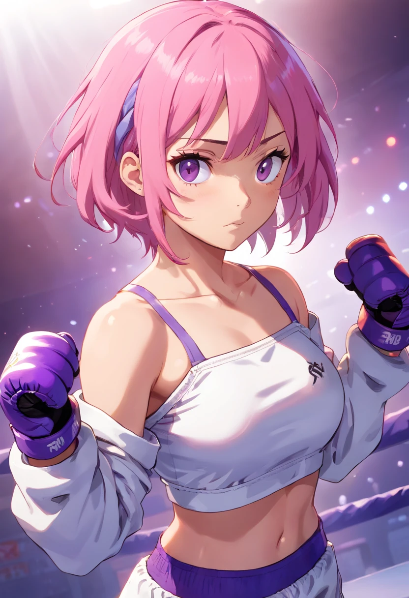 **an athletic girl, flat chest, pink hair, short messy hair, purple eyes, wearing a white MMA outfit and an off-shoulder jacket, shoulders exposed, punk, tough and aggressive, boxing wraps around hands