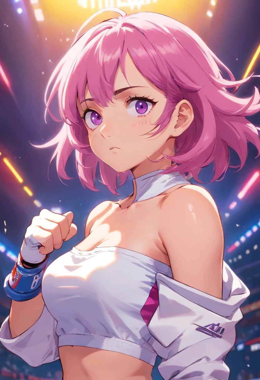 **an athletic girl, flat chest, pink hair, short messy hair, purple eyes, wearing a white MMA outfit and an off-shoulder jacket, shoulders exposed, punk, tough and aggressive, boxing wraps around hands