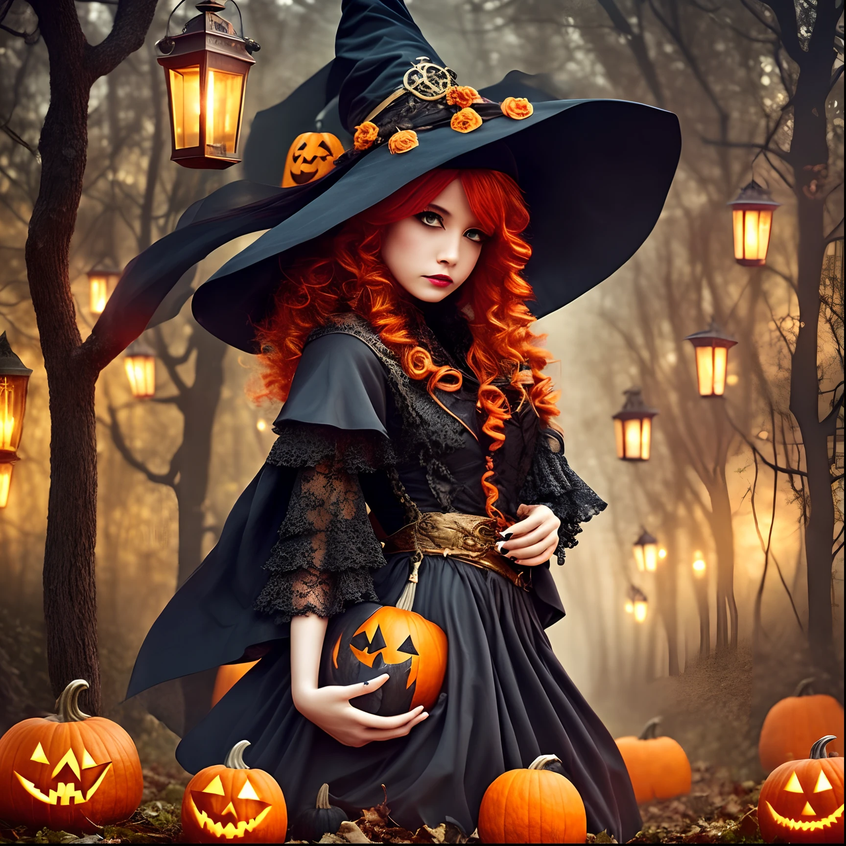 Fashionable cute witch, witch hat, red creative witch clothes, curly hair, helloween-themed pumkins, lanterns, dark midnight, low lighting, fog, dead tree, whimsical,dark fantasy, mysterious,dreamy, vivid, creative, hyperdetailed, highres --auto --s2