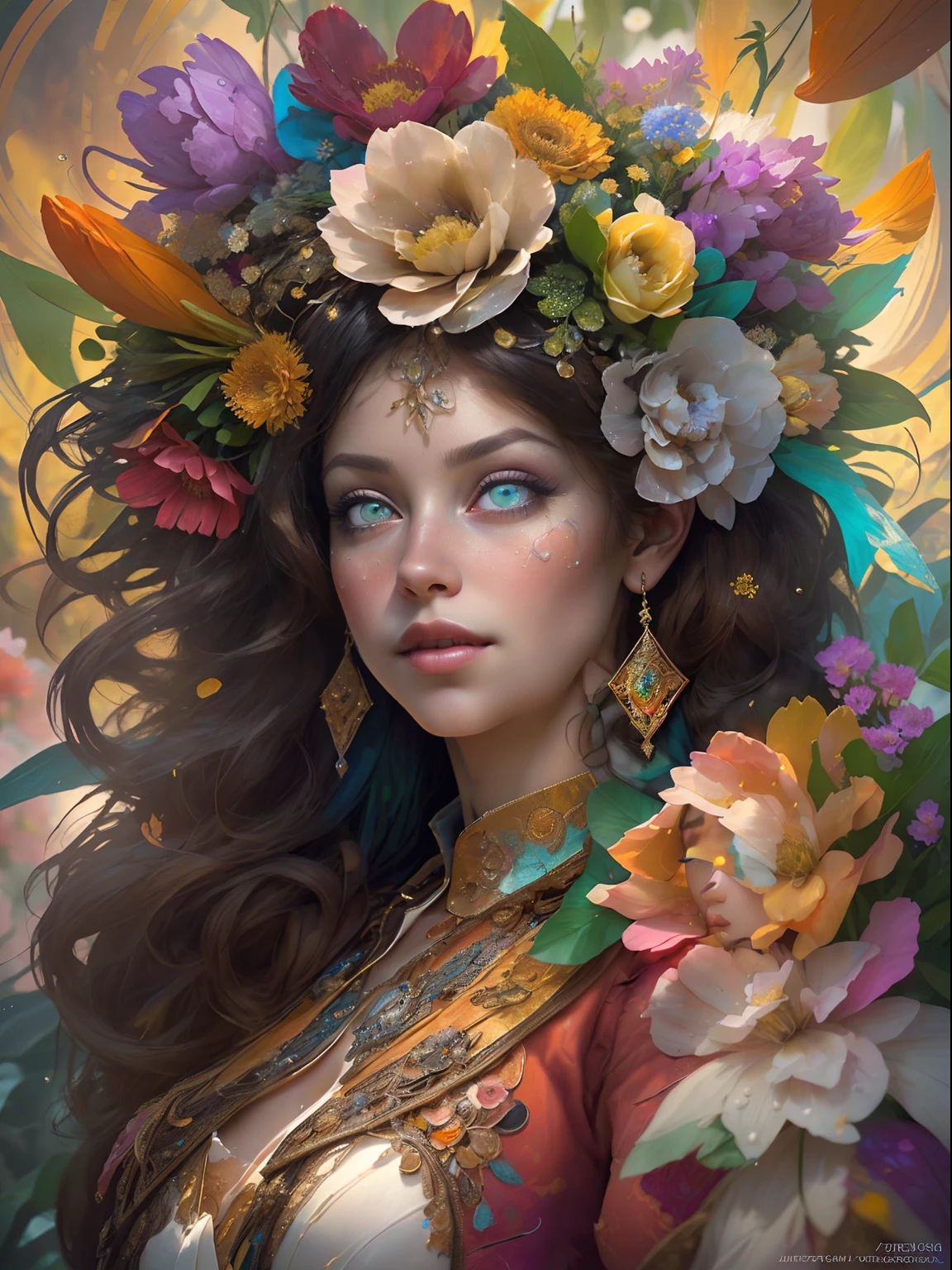 This artwork is colorful and exciting with lots of action and visual interest. Generate a strong and proud woman dressed in intricate and ornate circus garb and realistic skin and hair texture. Her eyes are beautiful and realistically shaded and her face is very proud and highly detailed with puffy lips and a huge mouth. Important: Her eyes are important and should be the highest resolution, extremely detailed, and awe-inspiring, with multiple colors and shades. The background of the image is wild and unruly, with a mix of flowers, petals, circus stuff, and colorful detritus. This image is highly ornate and full of detail. Include fantasy details, enhanced details, iridescence, colorful glittering wind. Pay special attention to her face and make sure it is beautifully and realistically detailed. 8k, intricate, elegant, highly detailed, majestic, digital photography, art by artgerm and ruan jia and greg rutkowski, (masterpiece, finely detailed beautiful eyes: 1.2), hdr, realistic skin texture, rays of light, ornate flowers, dew drops, sunlight, hazy rays of sun, flowergateway style, castle, palace, archway, flowers, growing