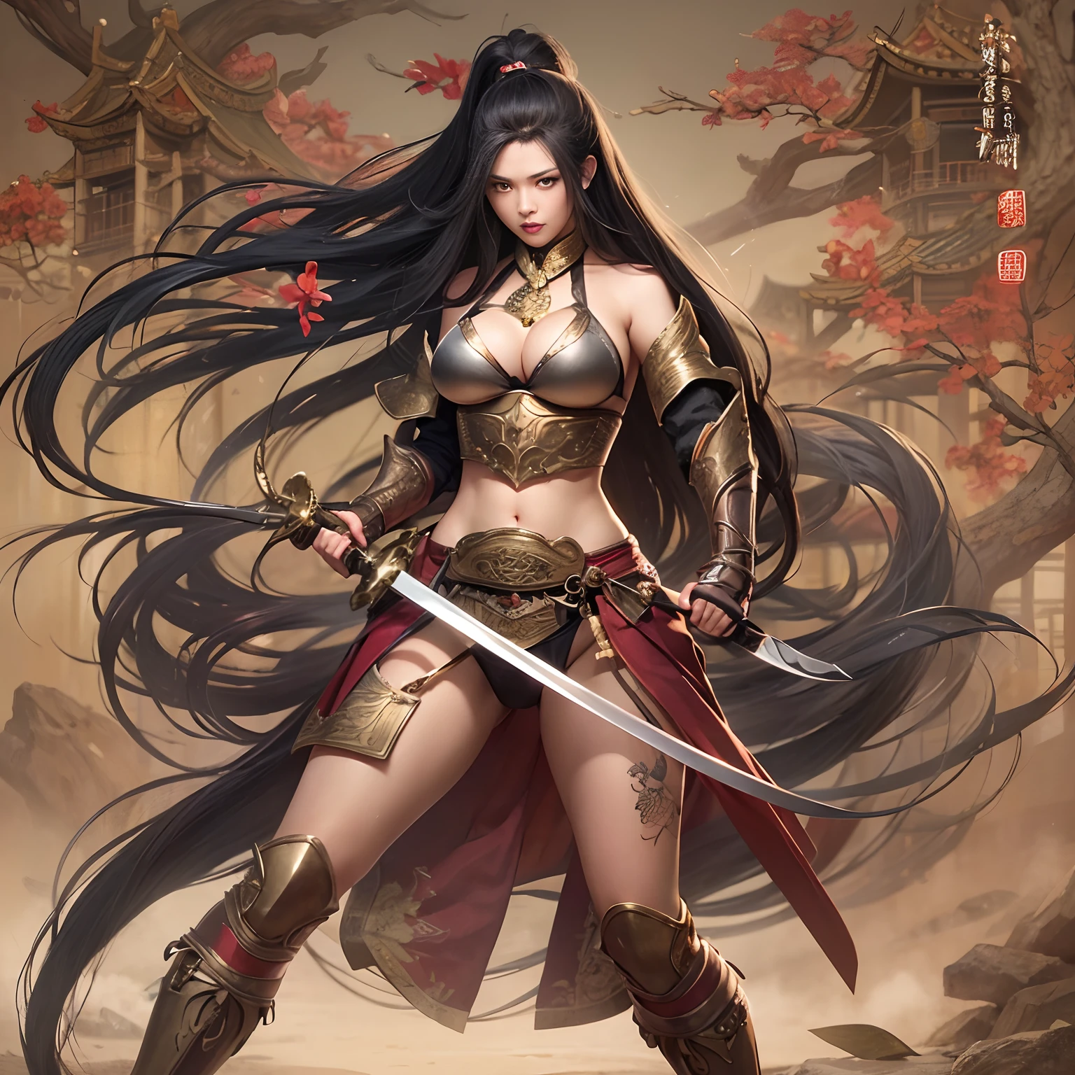 Sexy woman with long black hair，Chinese style woman，Wearing a naked，full bodyesbian，Pose from head to toe，Big breasts and big buttocks，Big breasts and fat buttocks，Sword, swordsmen，Jianghu martial arts，Copper money armor