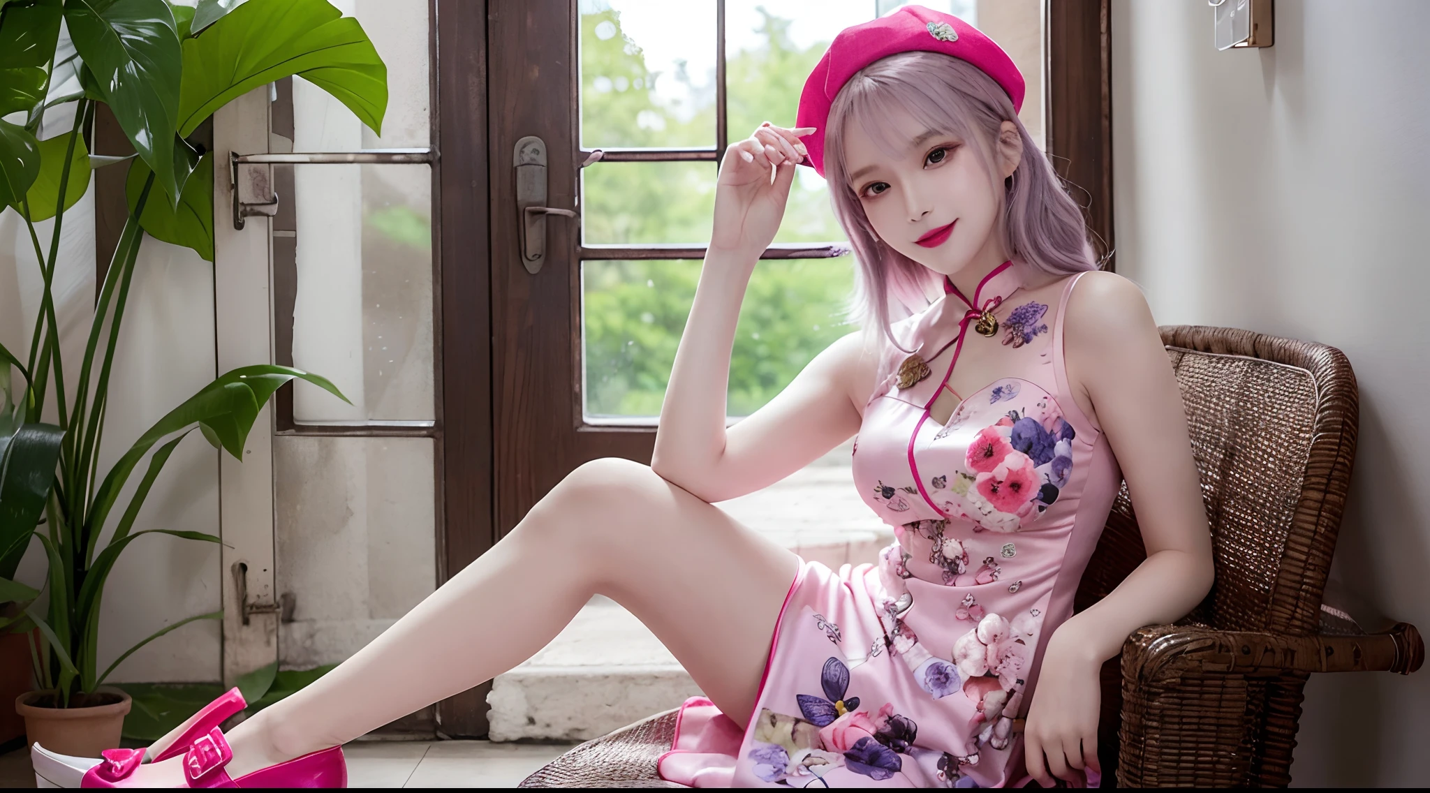 (Best quality,A high resolution),lavender hair,Pink berets,reaching out her hands,Red sunglasses,Sparkling eyes,Plump lips,Charming smile,Pink floral cheongsam,Detailed legs,shiny shoes,Lovely and lovely art style,Portrait background,pastelcolor,Warm and comfortable lighting