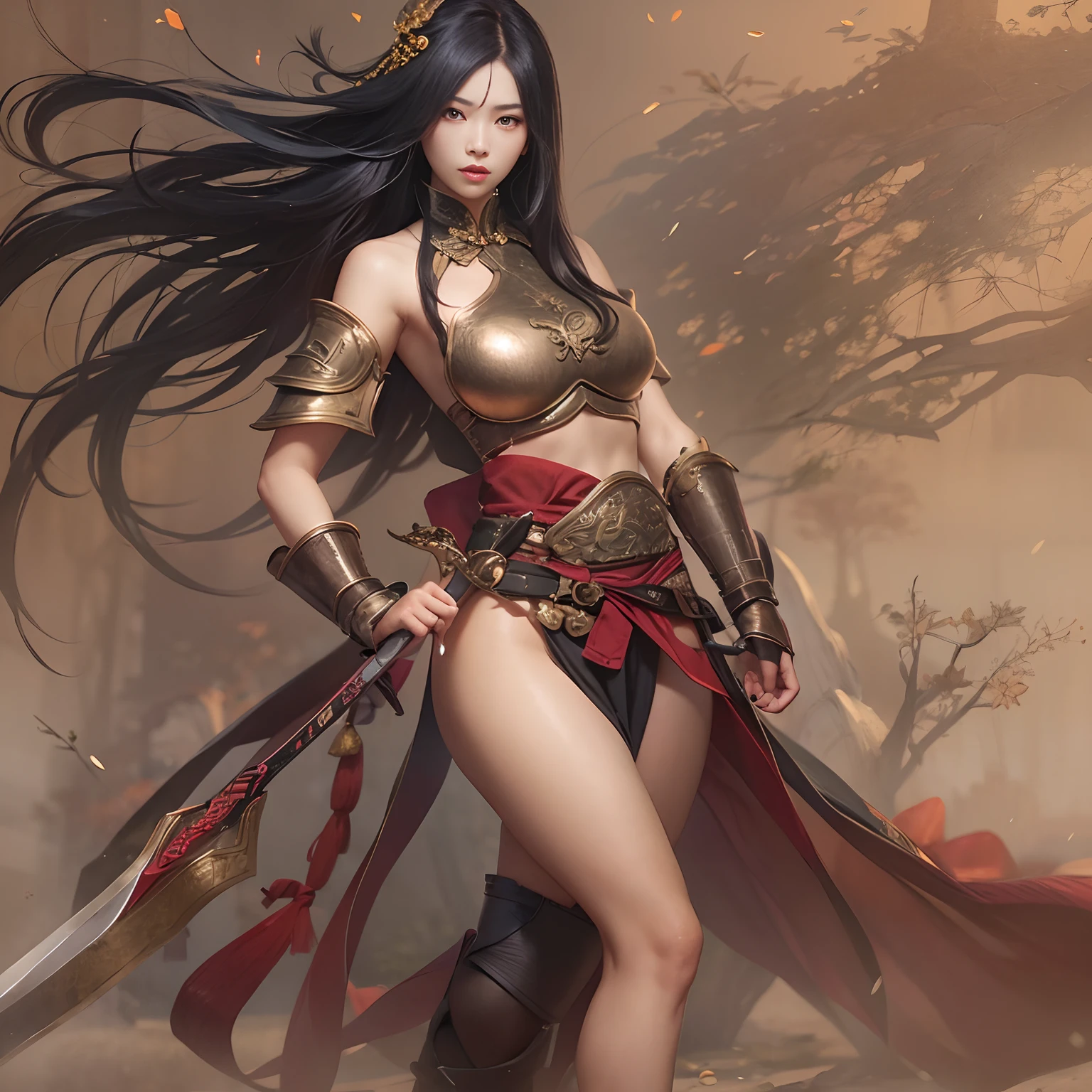 Sexy woman with long black hair,Chinese style woman,Wearing a naked,full bodyesbian,Pose from head to toe,Big breasts and big buttocks,Big breasts and fat buttocks,Sword, swordsmen,Jianghu martial arts,Copper money armor