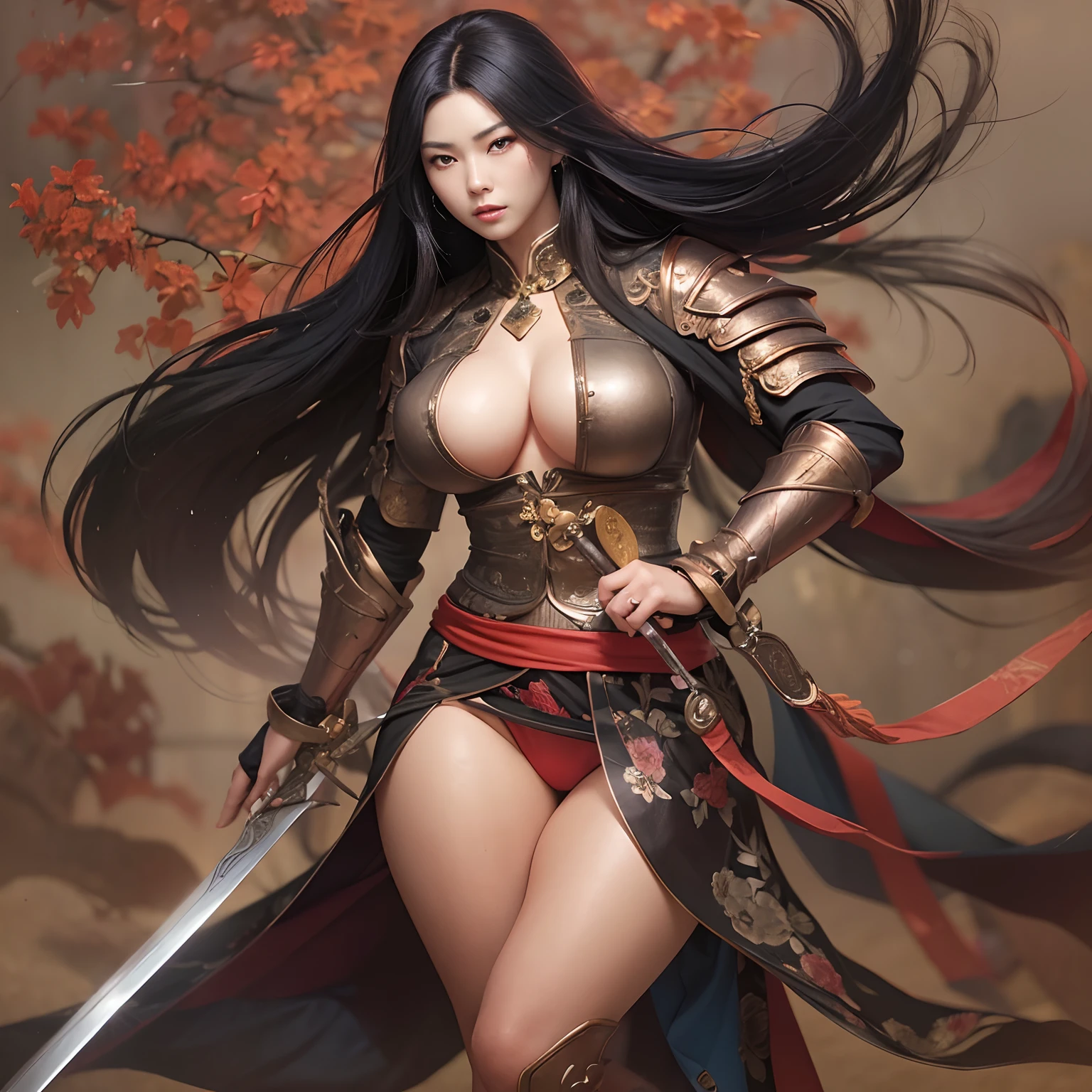 Sexy woman with long black hair，Chinese style woman，Wearing a naked，full bodyesbian，Pose from head to toe，Big breasts and big buttocks，Big breasts and fat buttocks，Sword, swordsmen，Jianghu martial arts，Copper money armor