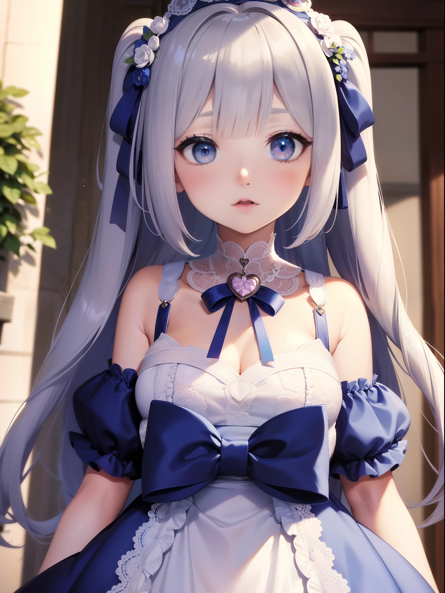 masterpiece, best quality, ultra-detailed, illustration, 1girl, solo, close-up, ((surprised)), blue_eyes, open_mouth, blush, eyebrows_visible_through_hair, long_hair, hair_ribbon, ribbon, frills, lace, white_dress, cute, soft_shading, watercolor, pastel_colors, flower, petals, bokeh, (big sized heart shaped accessory on hair:1.3)