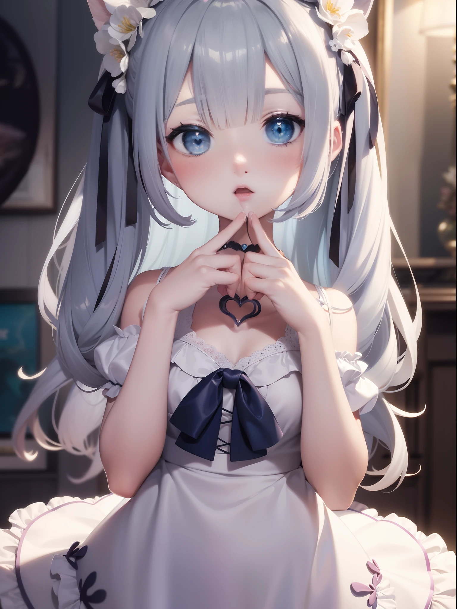 masterpiece, best quality, ultra-detailed, illustration, 1girl, solo, close-up, ((surprised)), blue_eyes, open_mouth, blush, eyebrows_visible_through_hair, long_hair, hair_ribbon, ribbon, frills, lace, white_dress, cute, soft_shading, watercolor, pastel_colors, flower, petals, bokeh, (big sized heart shaped accessory on hair:1.3)