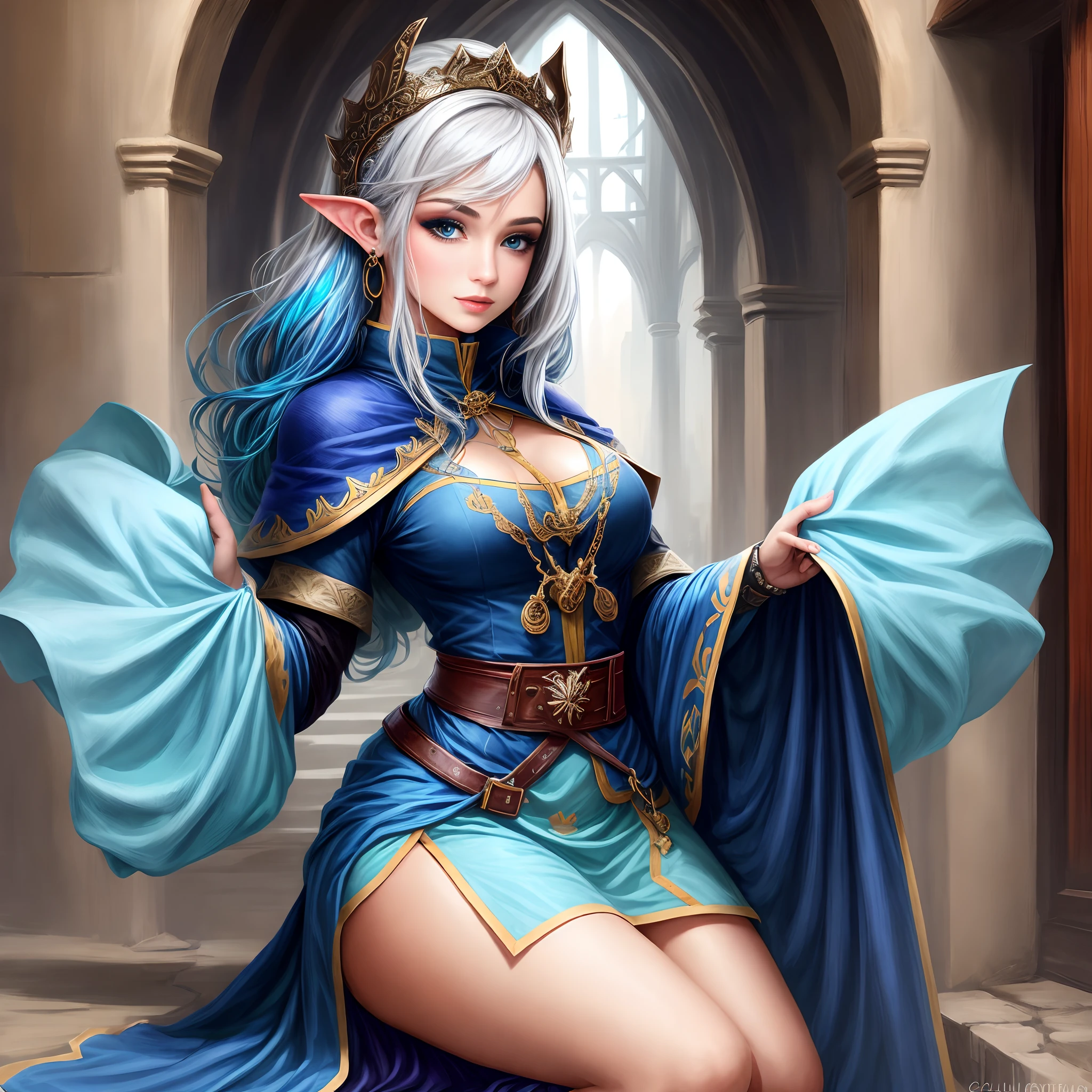 Elfa de rpg, olhos detalhados, bonito, feminino, cor da pele azul claro, orelhas pontudas, grandes e finas, cabelo azul escuro curto, roupa de bruxa medieval