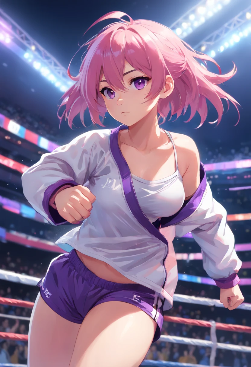 an athletic girl, flat chest, pink hair, short messy hair, purple eyes, wearing a white MMA outfit and an off-shoulder jacket, shoulders exposed, punk, tough and aggressive, boxing wraps around hands